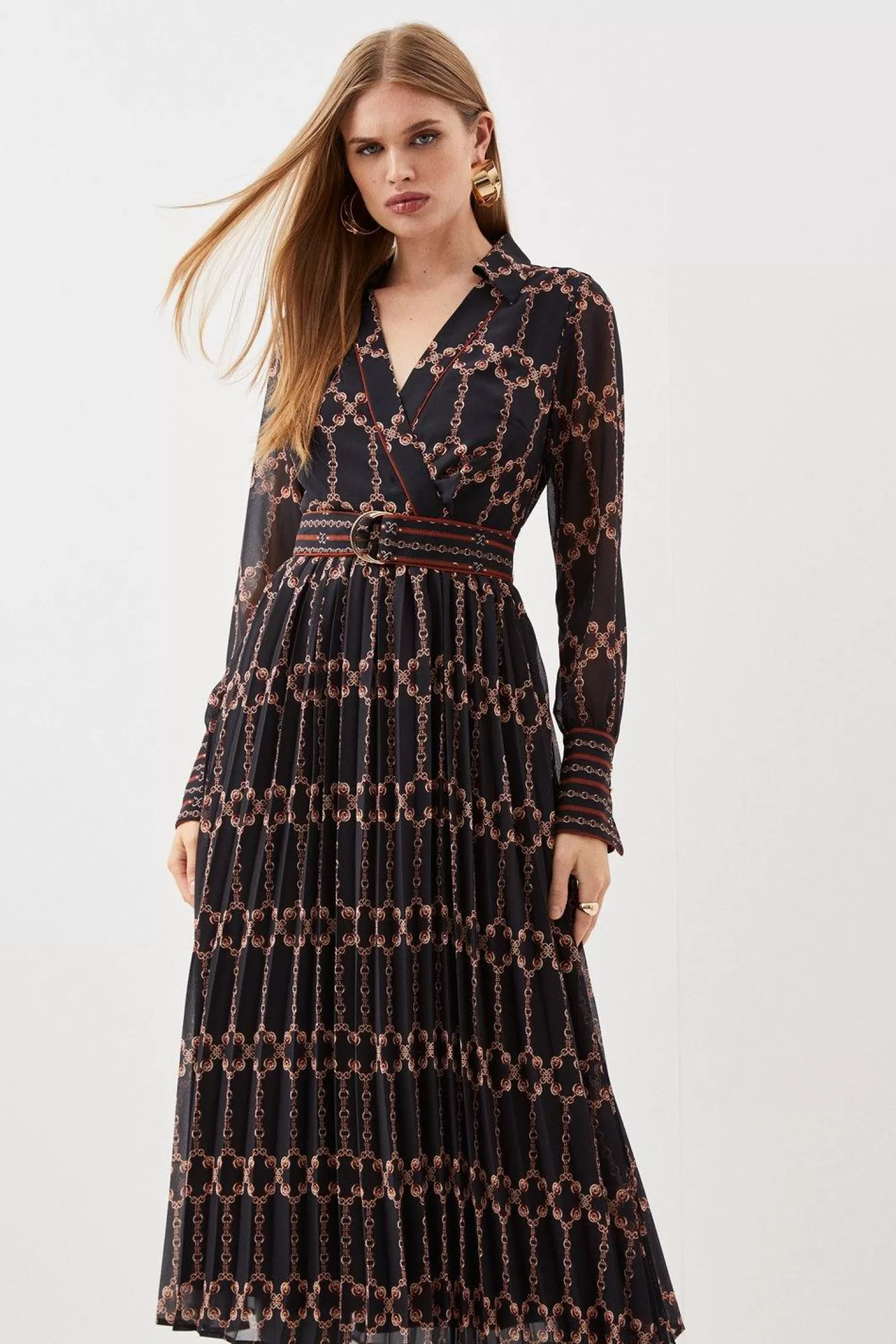 Karen Millen Geo Pleated Georgette Belted Woven Maxi Dress