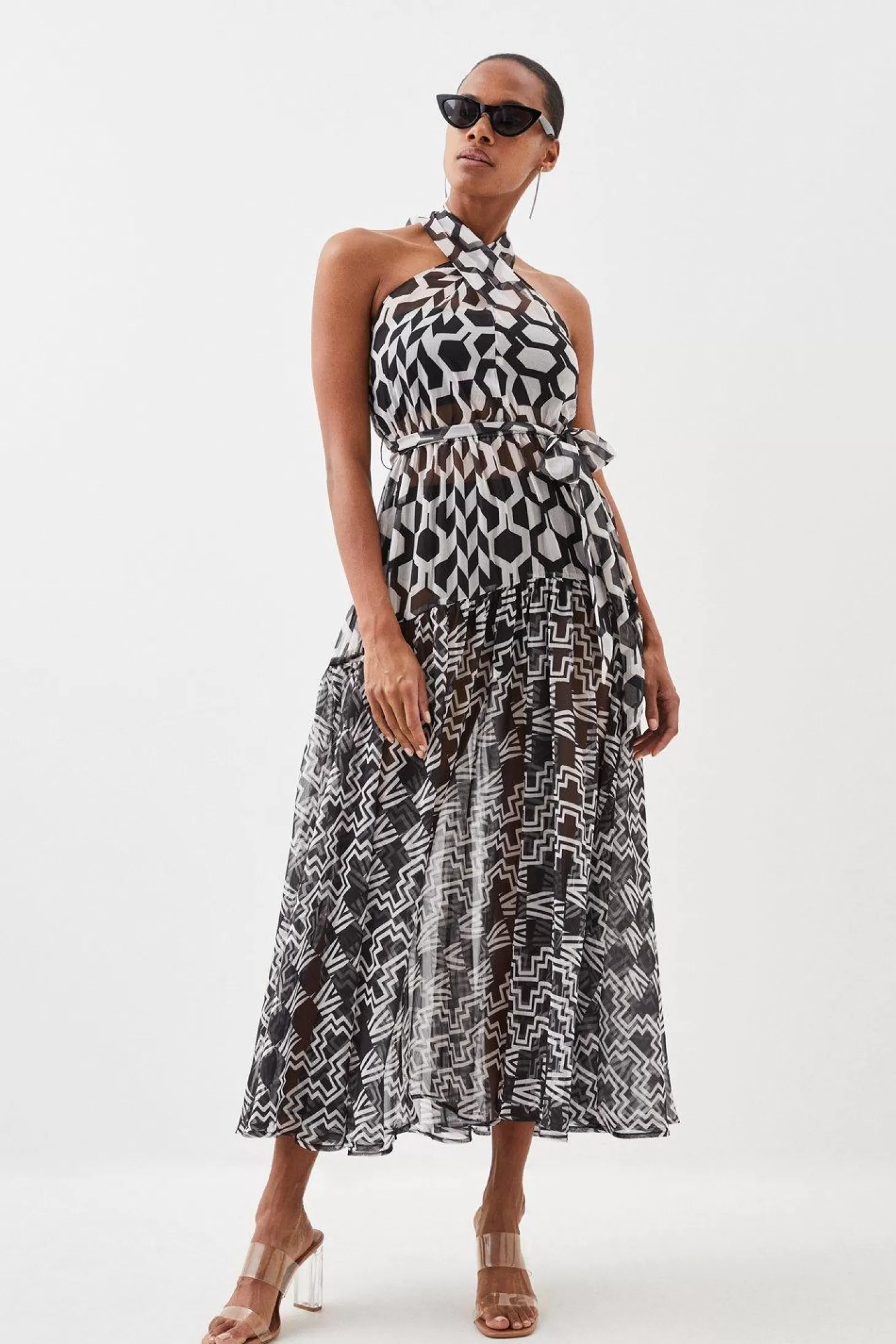 Karen Millen Graphic Geo Printed Halter Woven Beach Maxi Dress