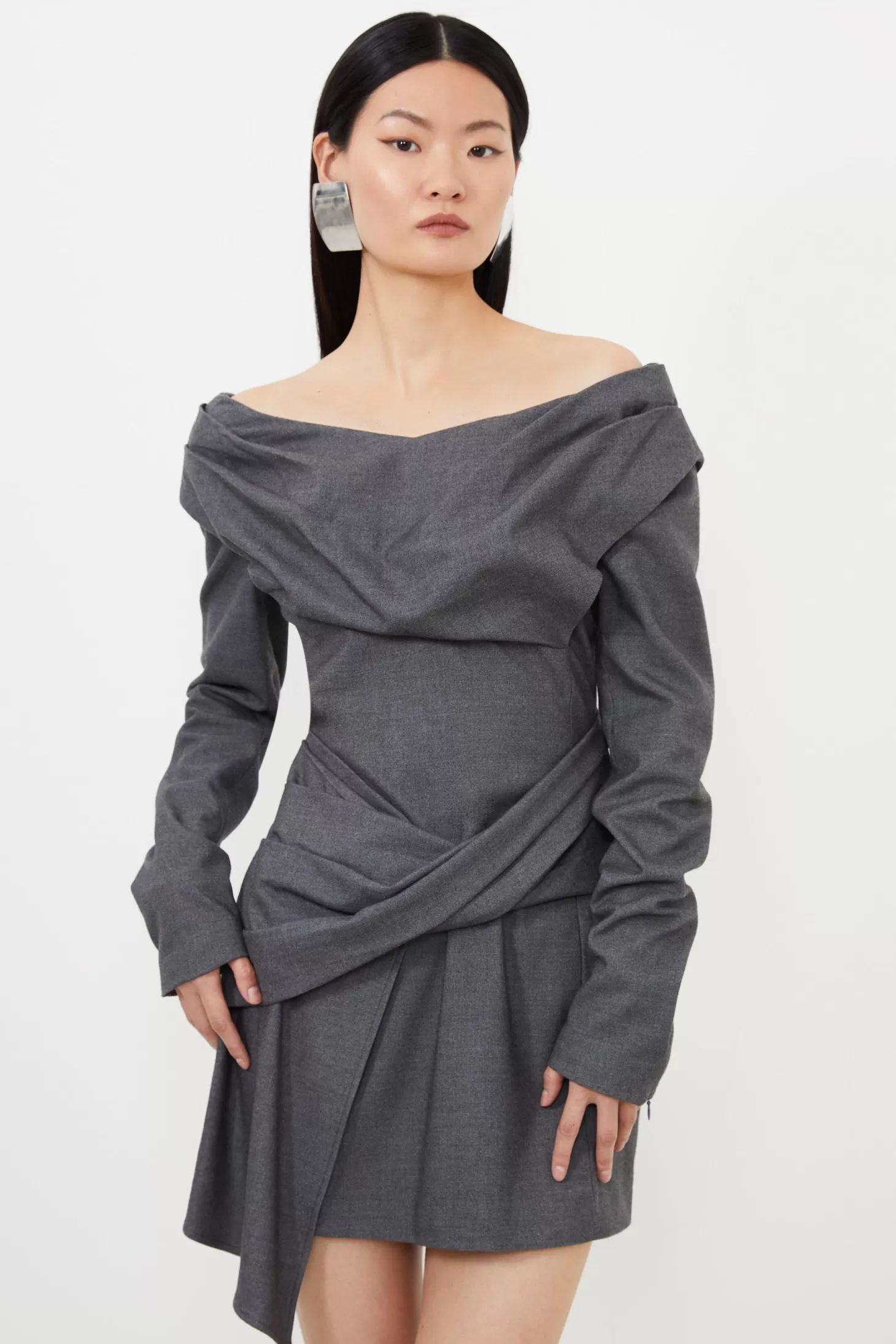 Karen Millen Woven Wool Mix Off The Shoulder Mini Dress