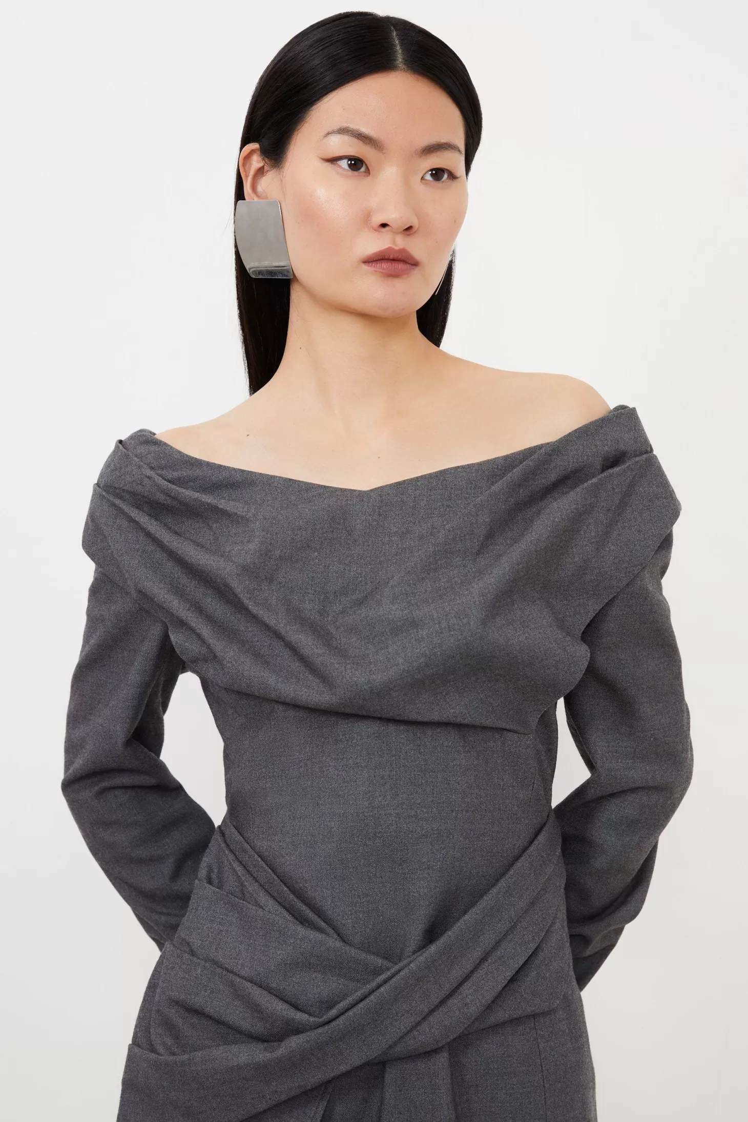 Karen Millen Woven Wool Mix Off The Shoulder Mini Dress
