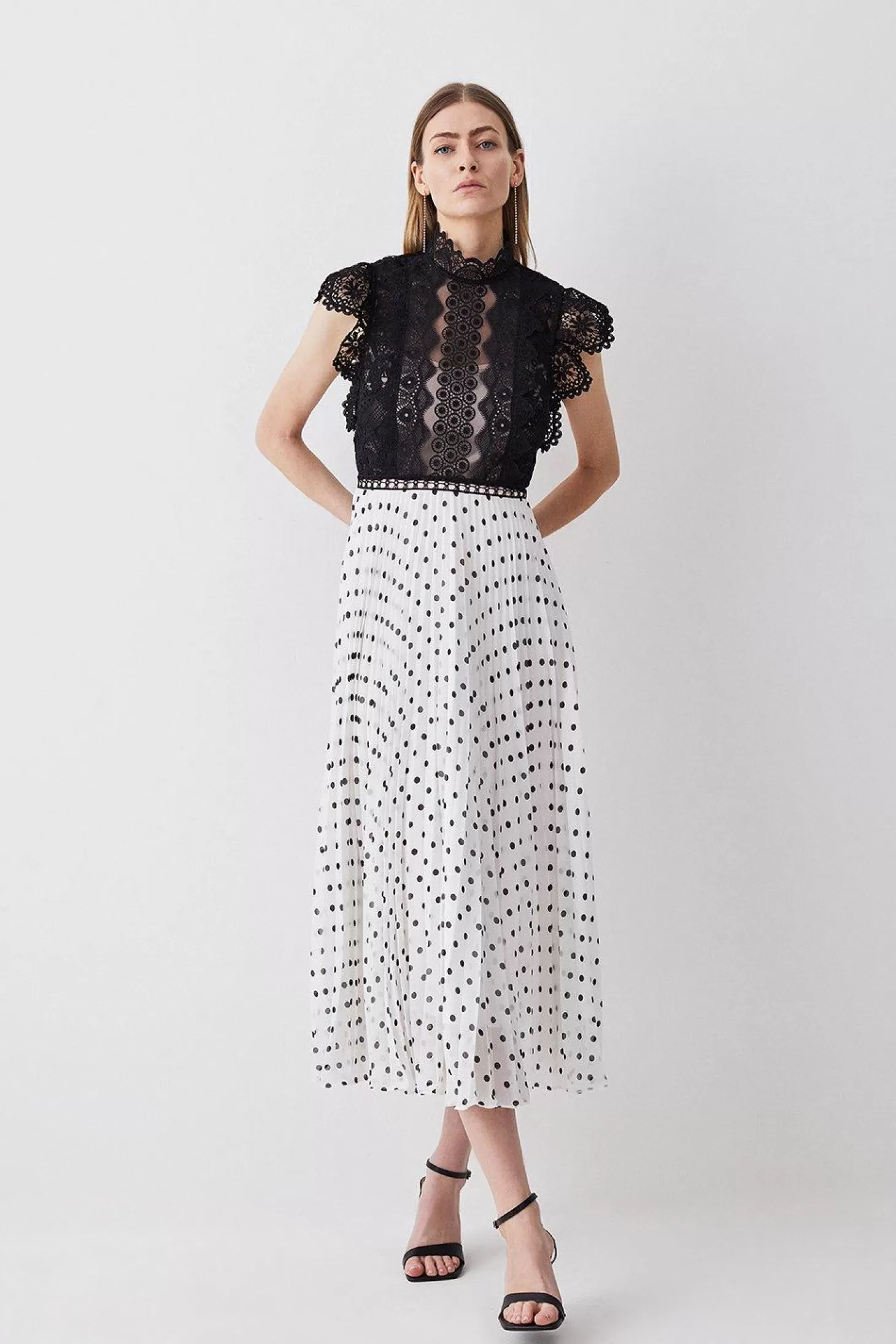 Karen Millen Guipure Lace Dot Pleated Skirt Midi Dress