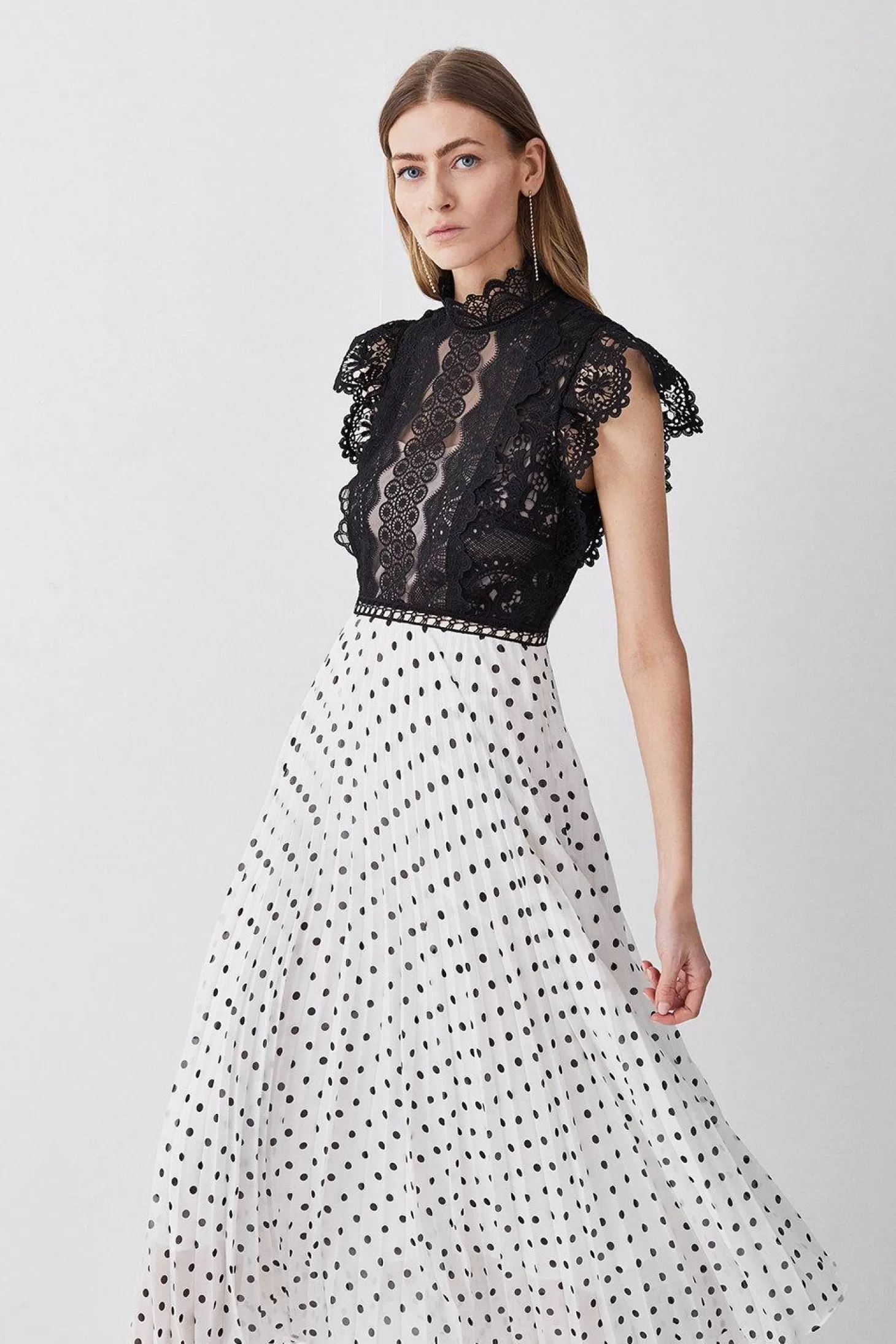 Karen Millen Guipure Lace Dot Pleated Skirt Midi Dress