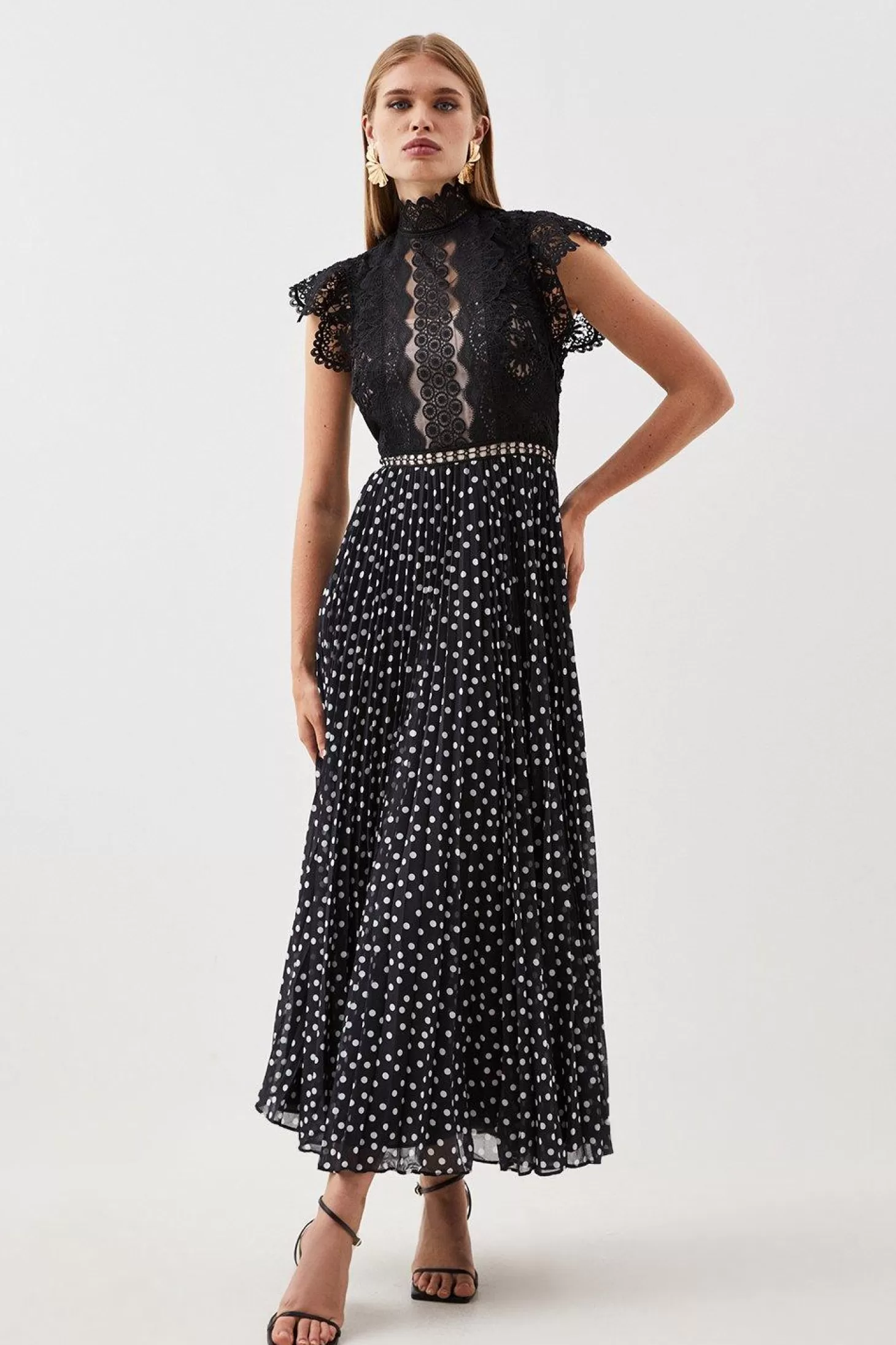 Karen Millen Guipure Lace Dot Pleated Skirt Midi Dress