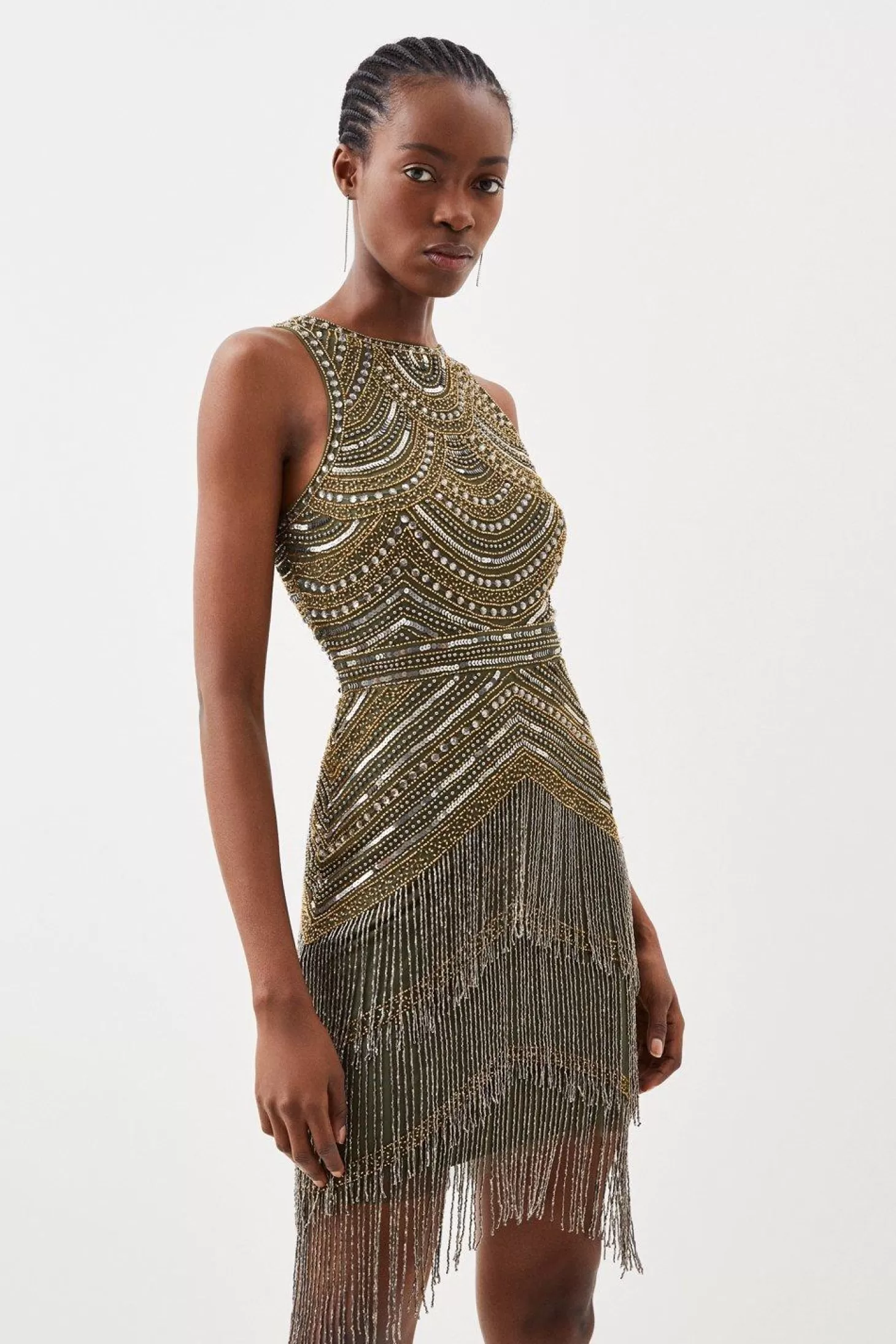 Karen Millen Halter Neck Beaded And Embellished Fringe Woven Mini Dress