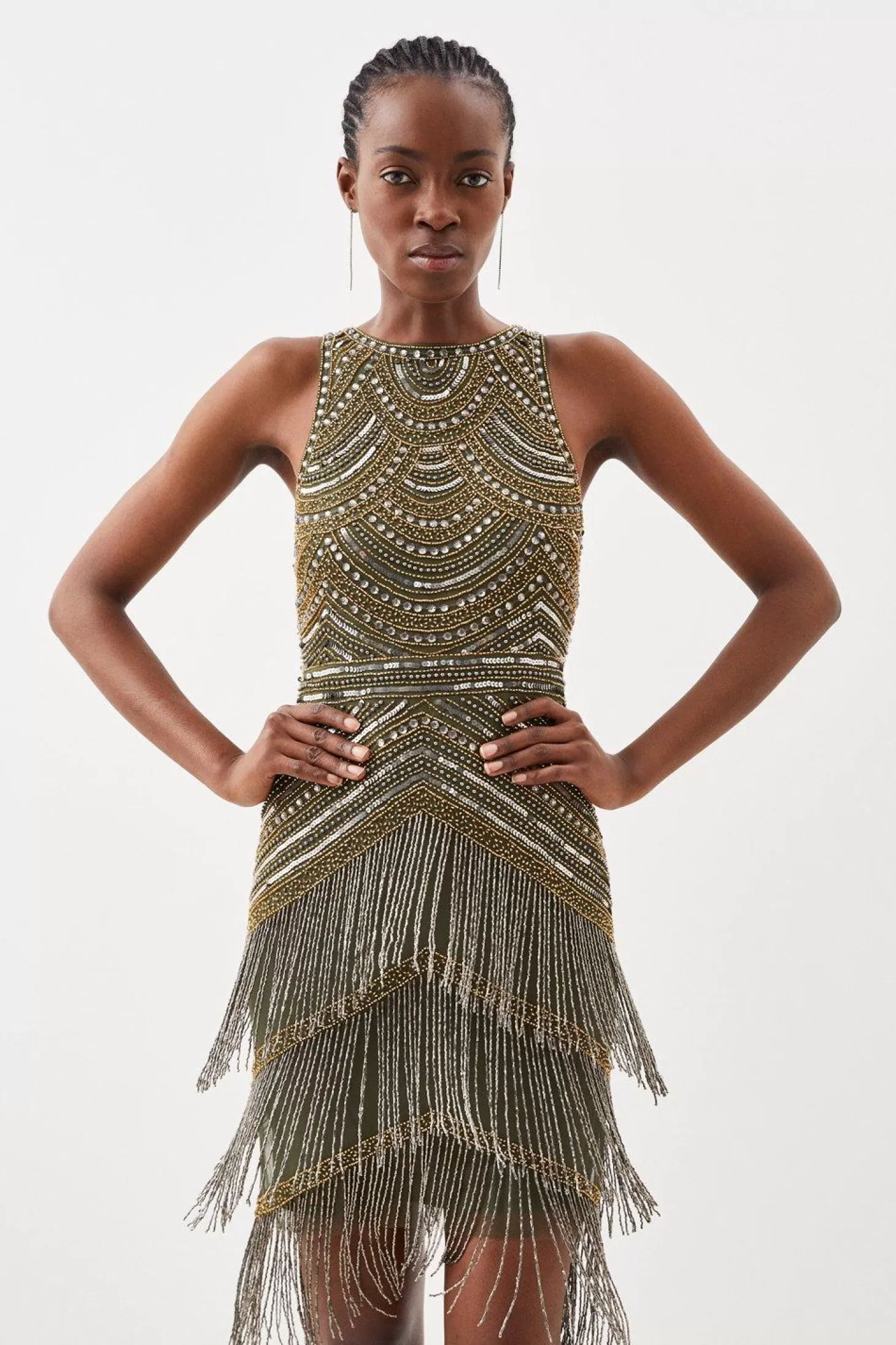 Karen Millen Halter Neck Beaded And Embellished Fringe Woven Mini Dress