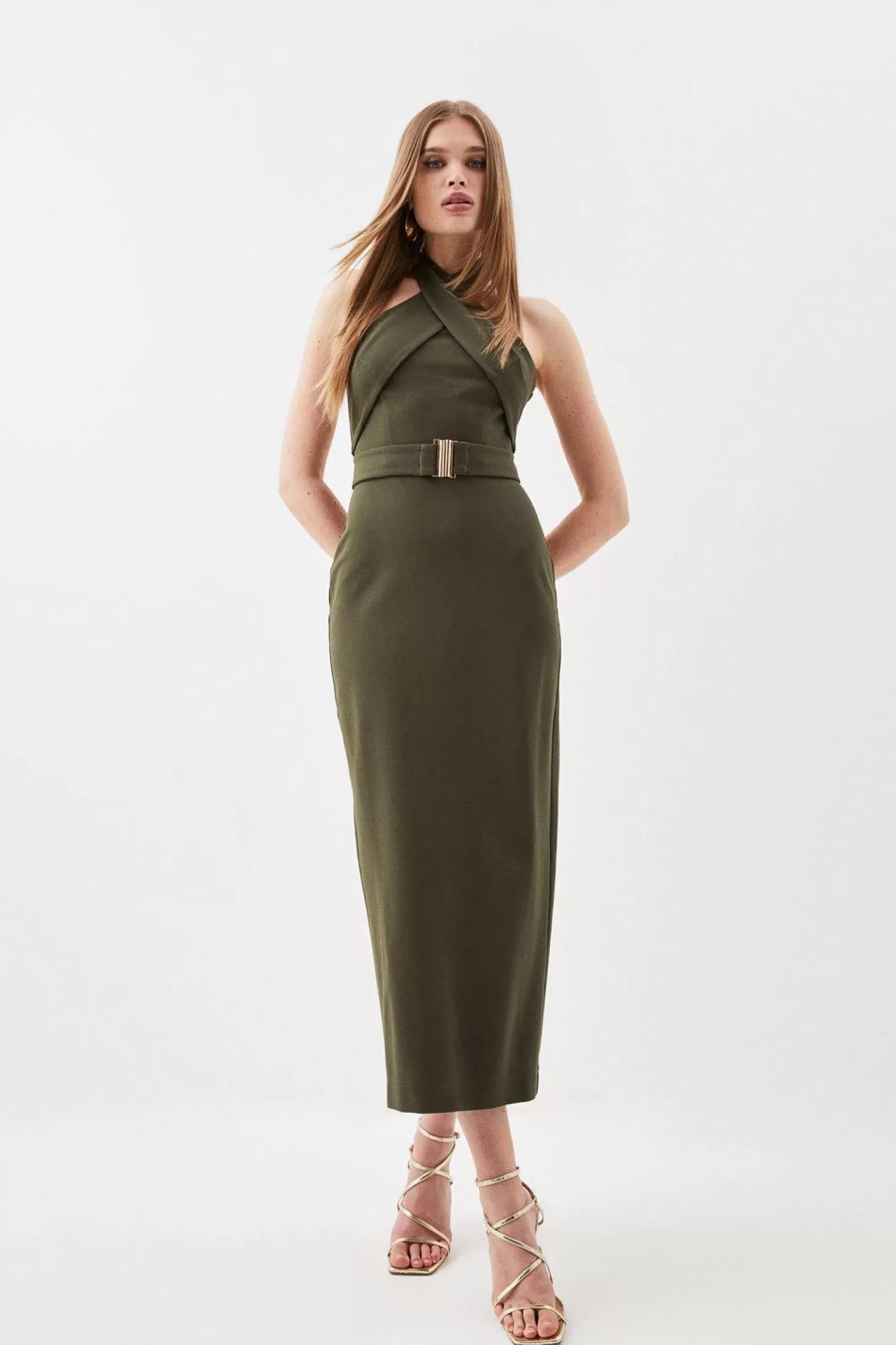 Karen Millen Halterneck Belted Ponte Midi Dress