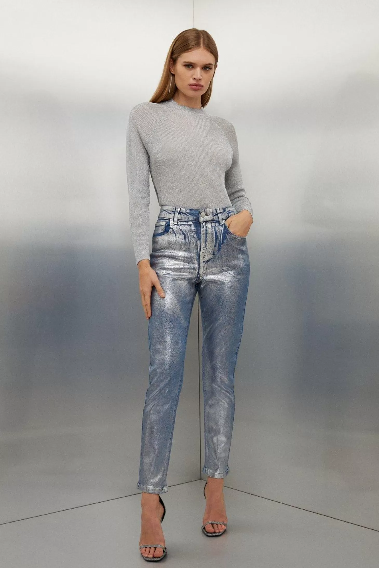 Karen Millen High Rise Slim Leg Silver Foiled Jeans