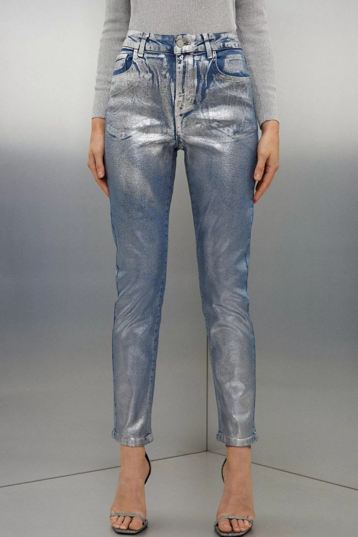 Karen Millen High Rise Slim Leg Silver Foiled Jeans