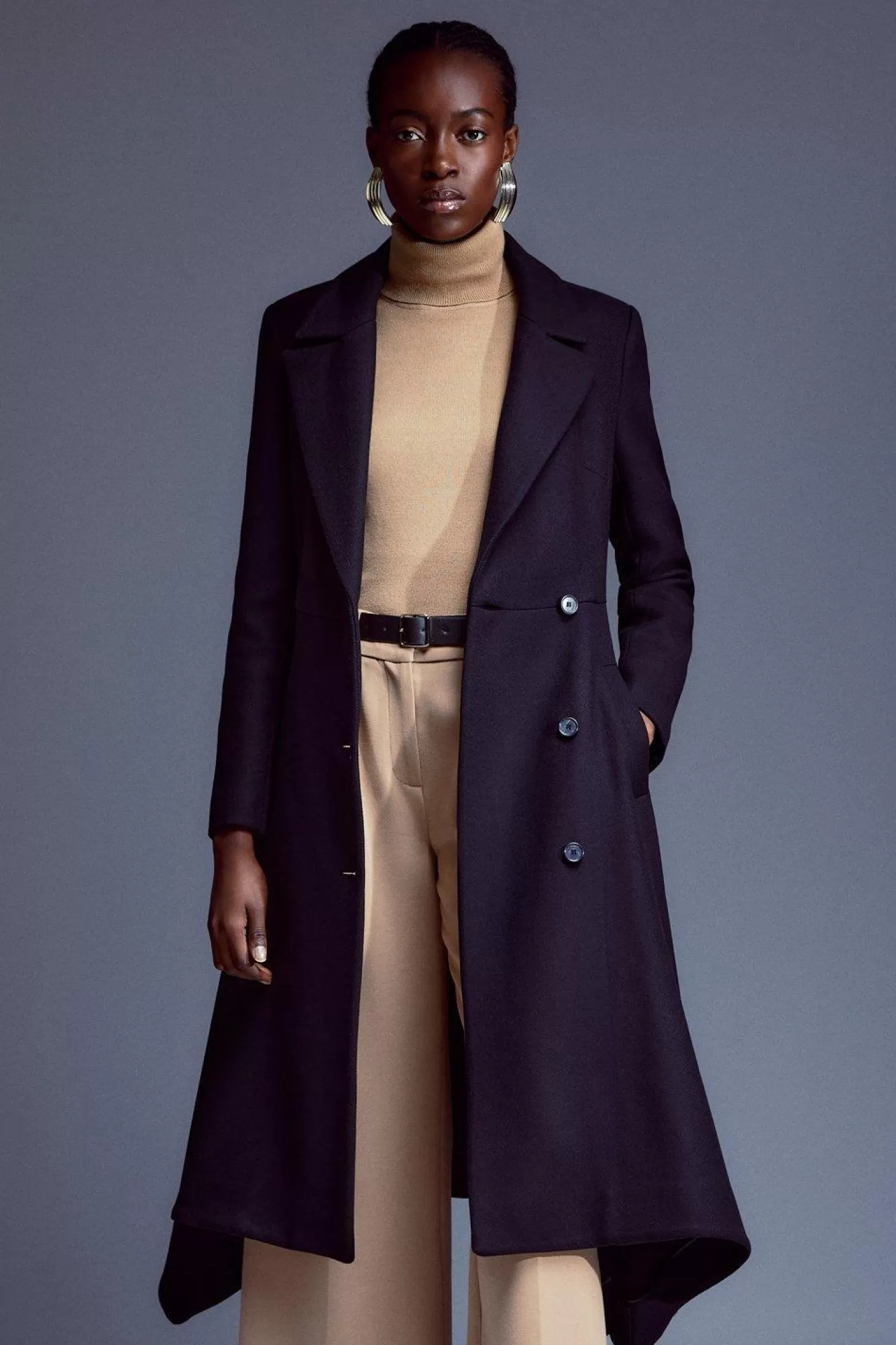 Karen Millen Italian Manteco Wool Blend Double Breasted Belted High Low Trench Coat