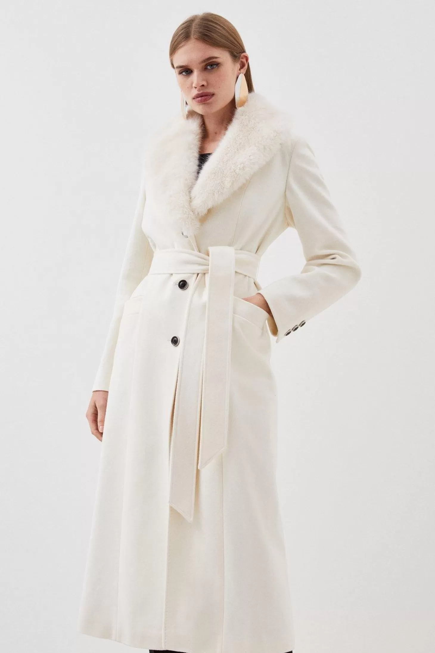 Karen Millen Italian Manteco Wool Blend Faux Fur Collar Belted Coat