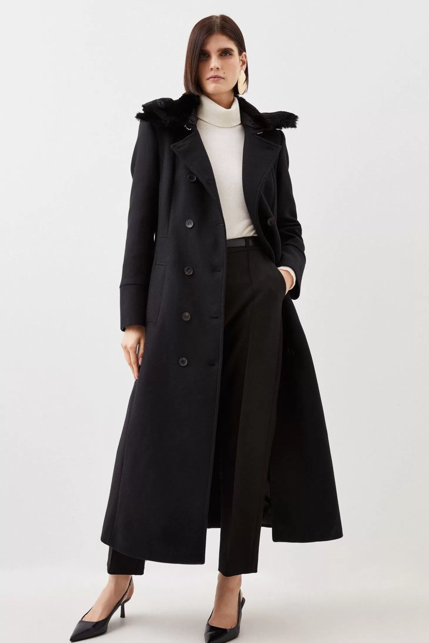 Karen Millen Italian Manteco Wool Blend Faux Fur Collar Coat