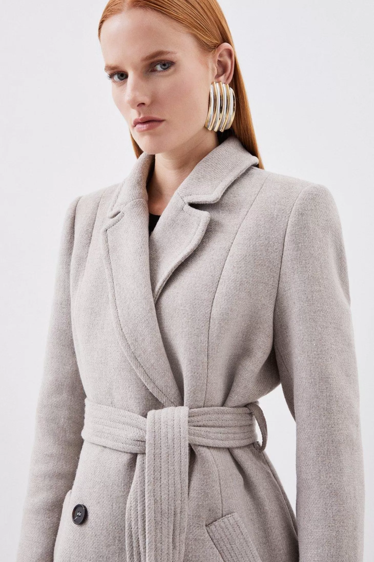 Karen Millen Italian Manteco Wool Blend Faux Fur Double Breasted Belted Midi Coat