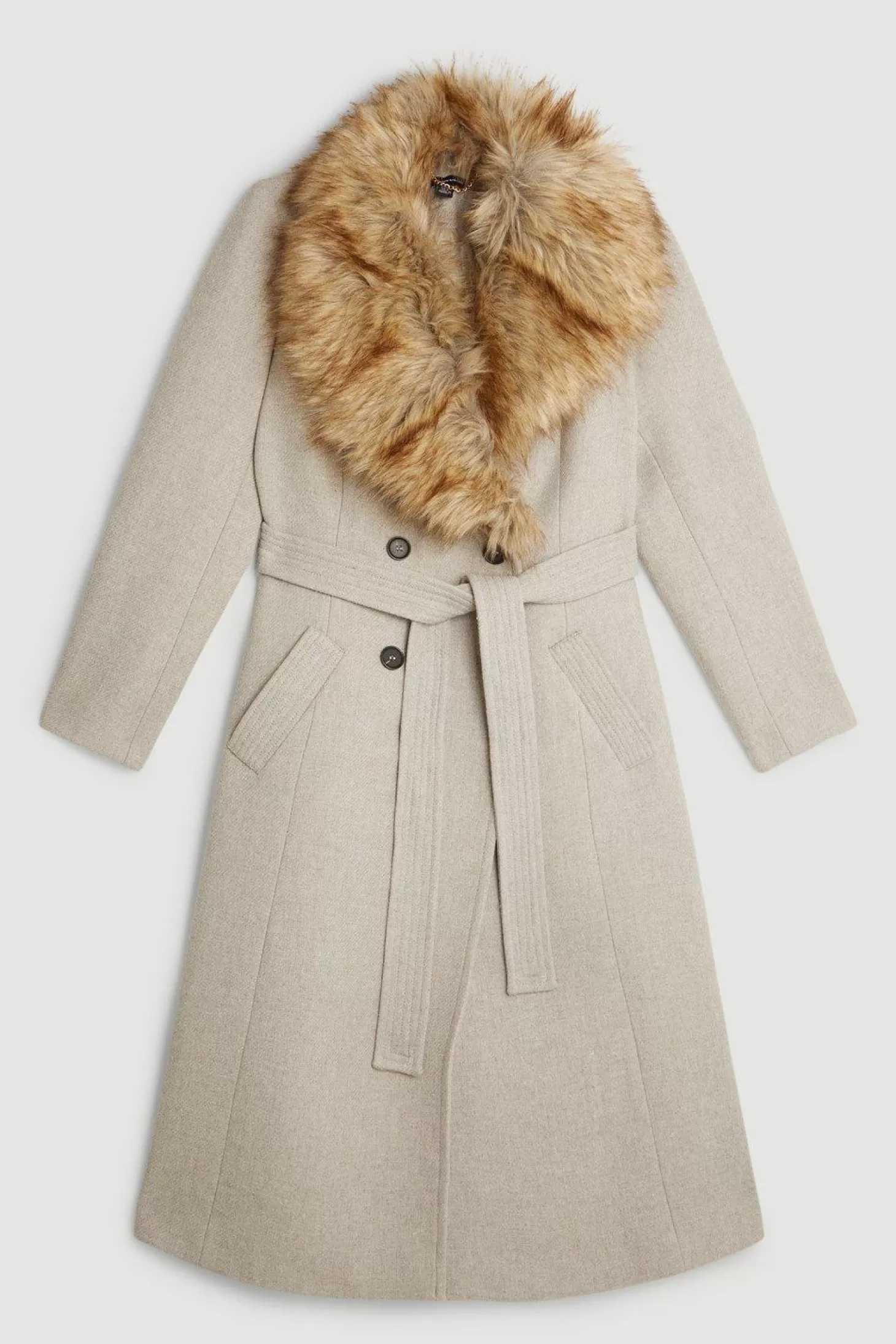 Karen Millen Italian Manteco Wool Blend Faux Fur Double Breasted Belted Midi Coat