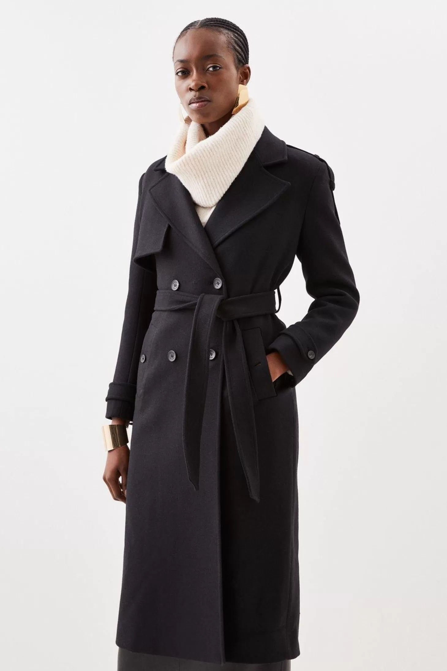 Karen Millen Italian Manteco Wool Blend Self Tie Belted Trench Coat