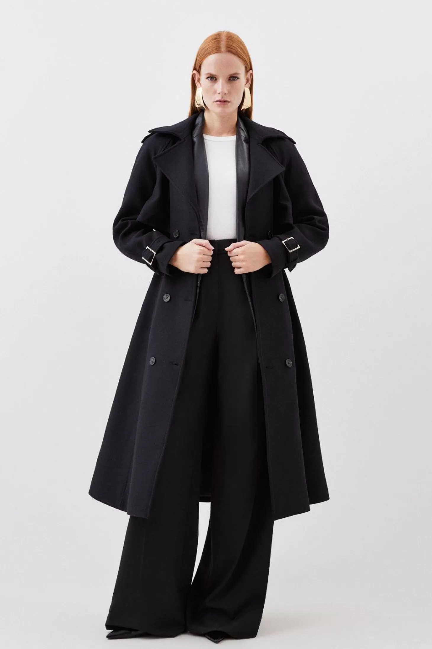 Karen Millen Italian Manteco Wool Blend Tailored Belted Trench Coat