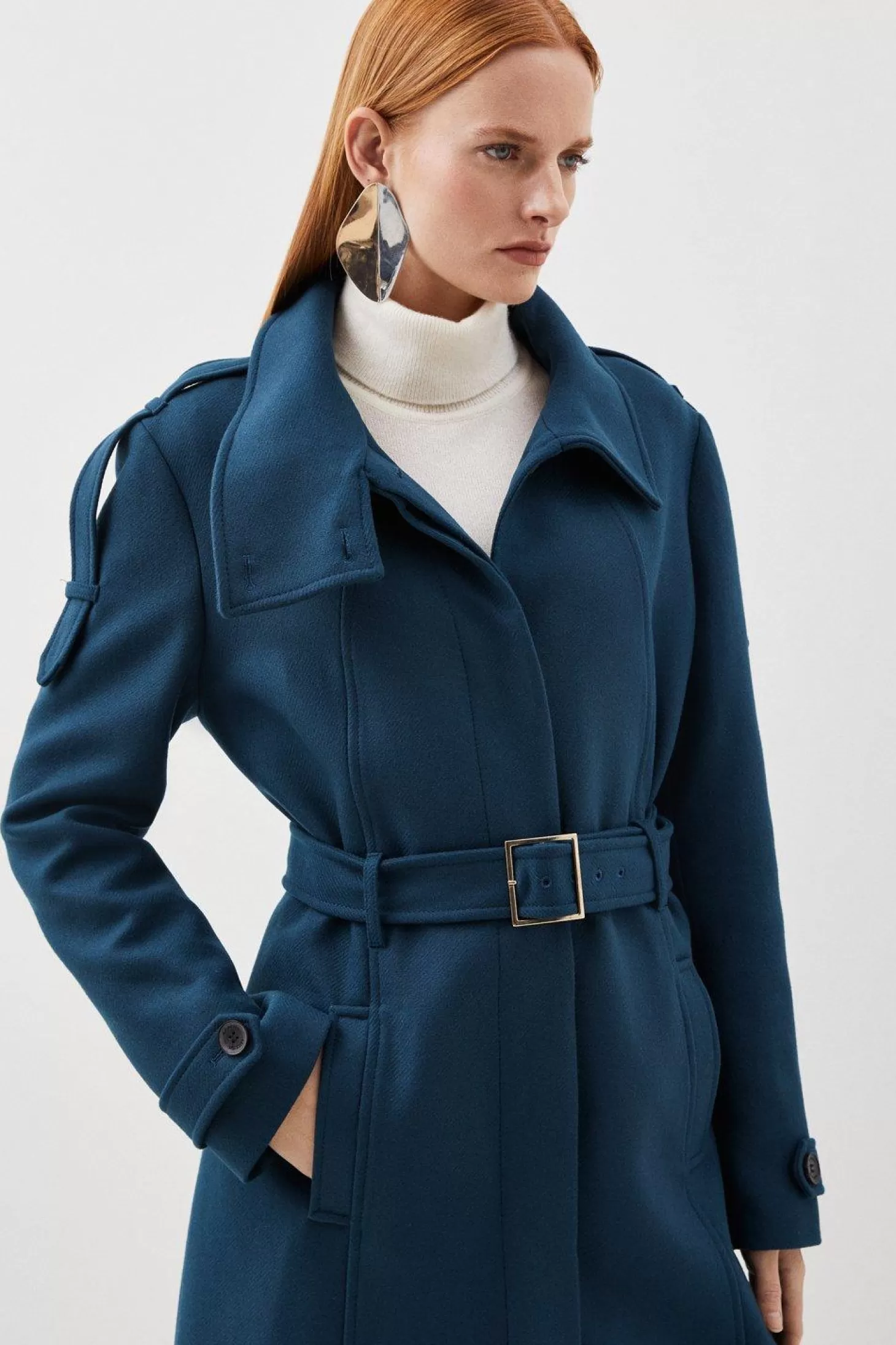 Karen Millen Italian Manteco Wool Blend Tailored Epaulette Detail Belted Coat