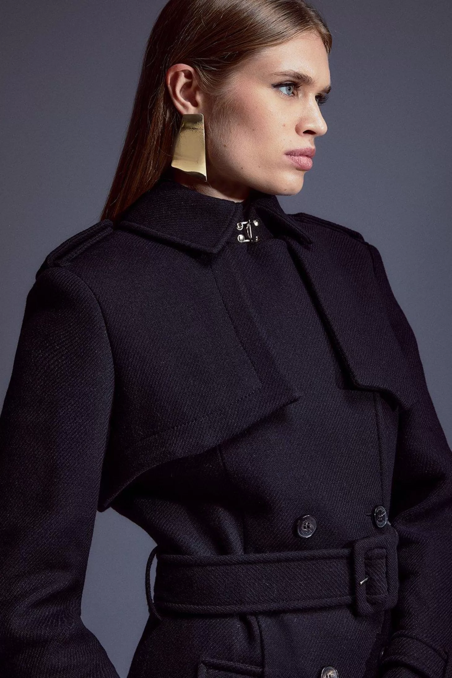 Karen Millen Italian Manteco Wool Blend Tailored Storm Flap Detail Belted Trench Coat