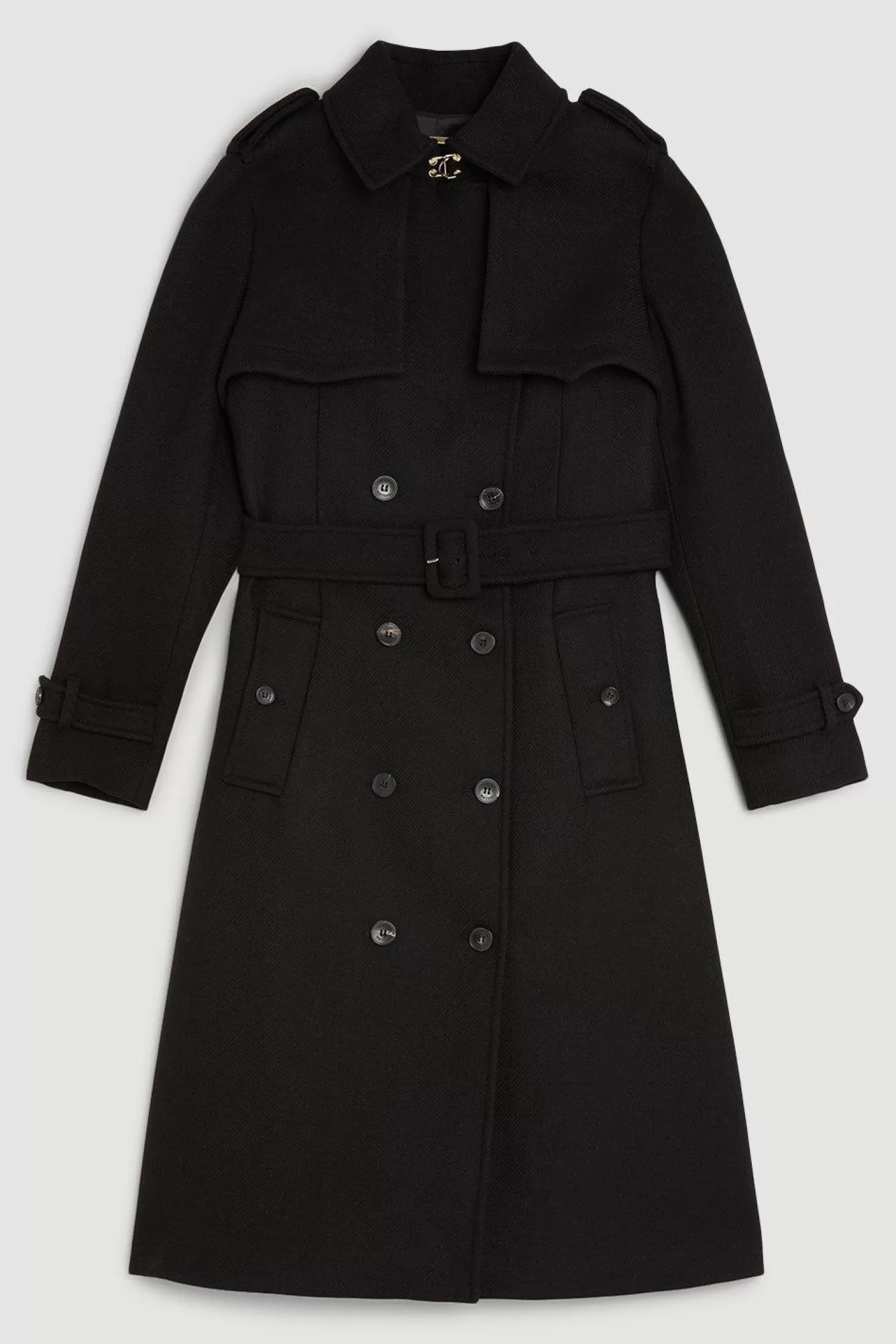 Karen Millen Italian Manteco Wool Blend Tailored Storm Flap Detail Belted Trench Coat