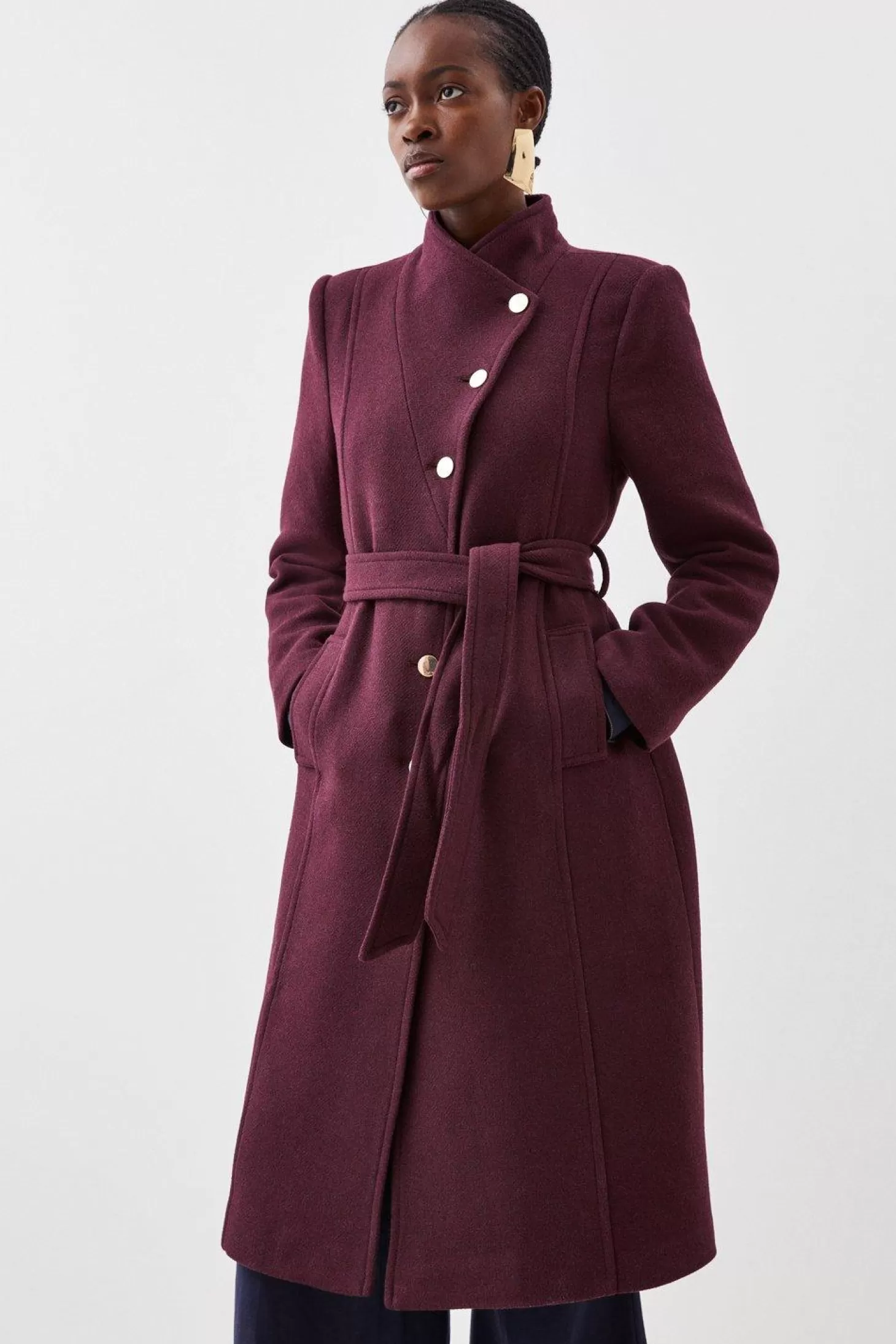 Karen Millen Italian Manteco Wool Button Detail Belted Midi Coat