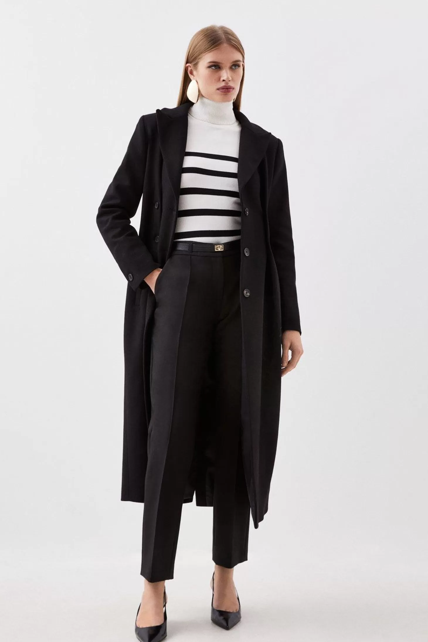 Karen Millen Italian Manteco Wool Button Waist Detail Tailored Coat