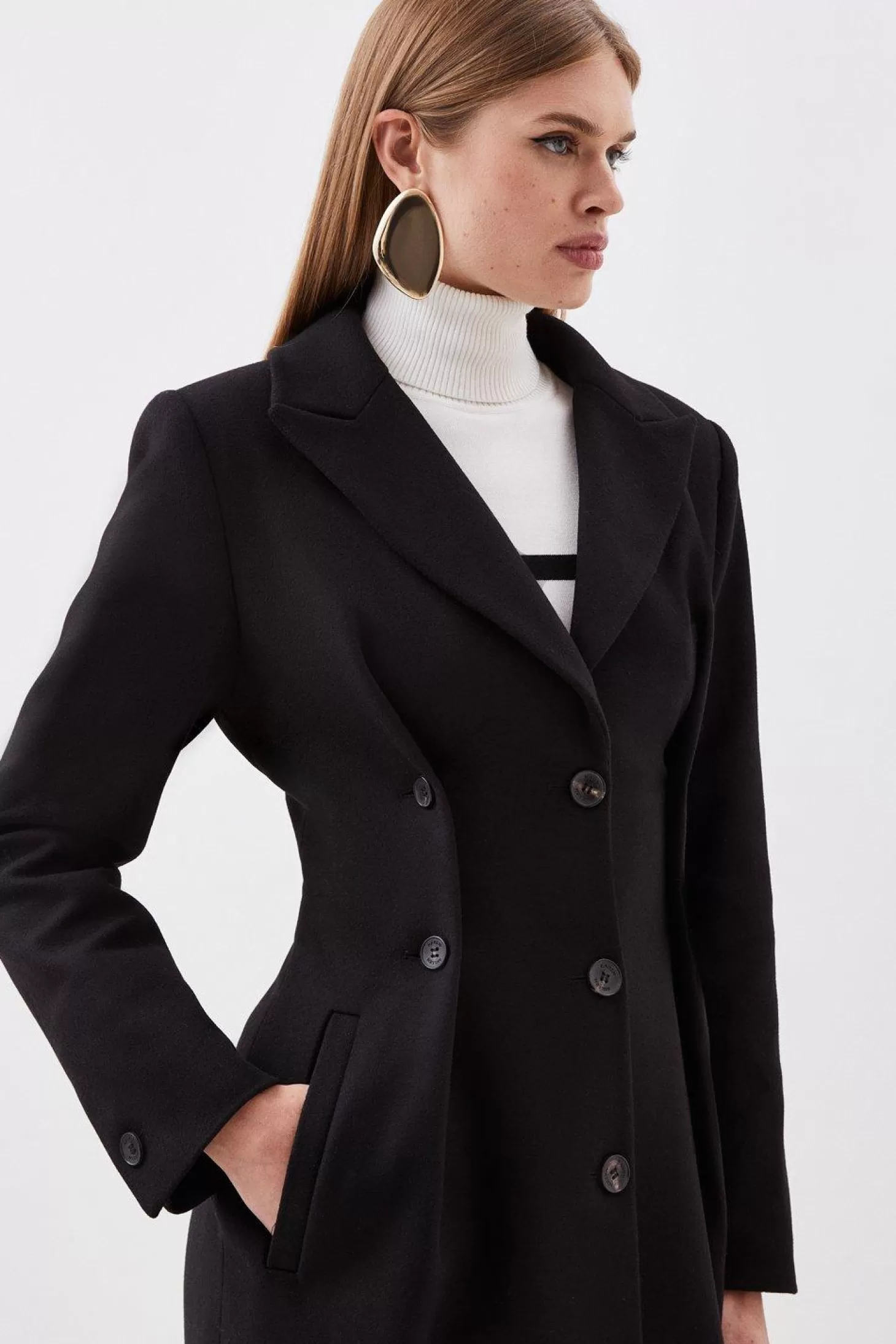 Karen Millen Italian Manteco Wool Button Waist Detail Tailored Coat