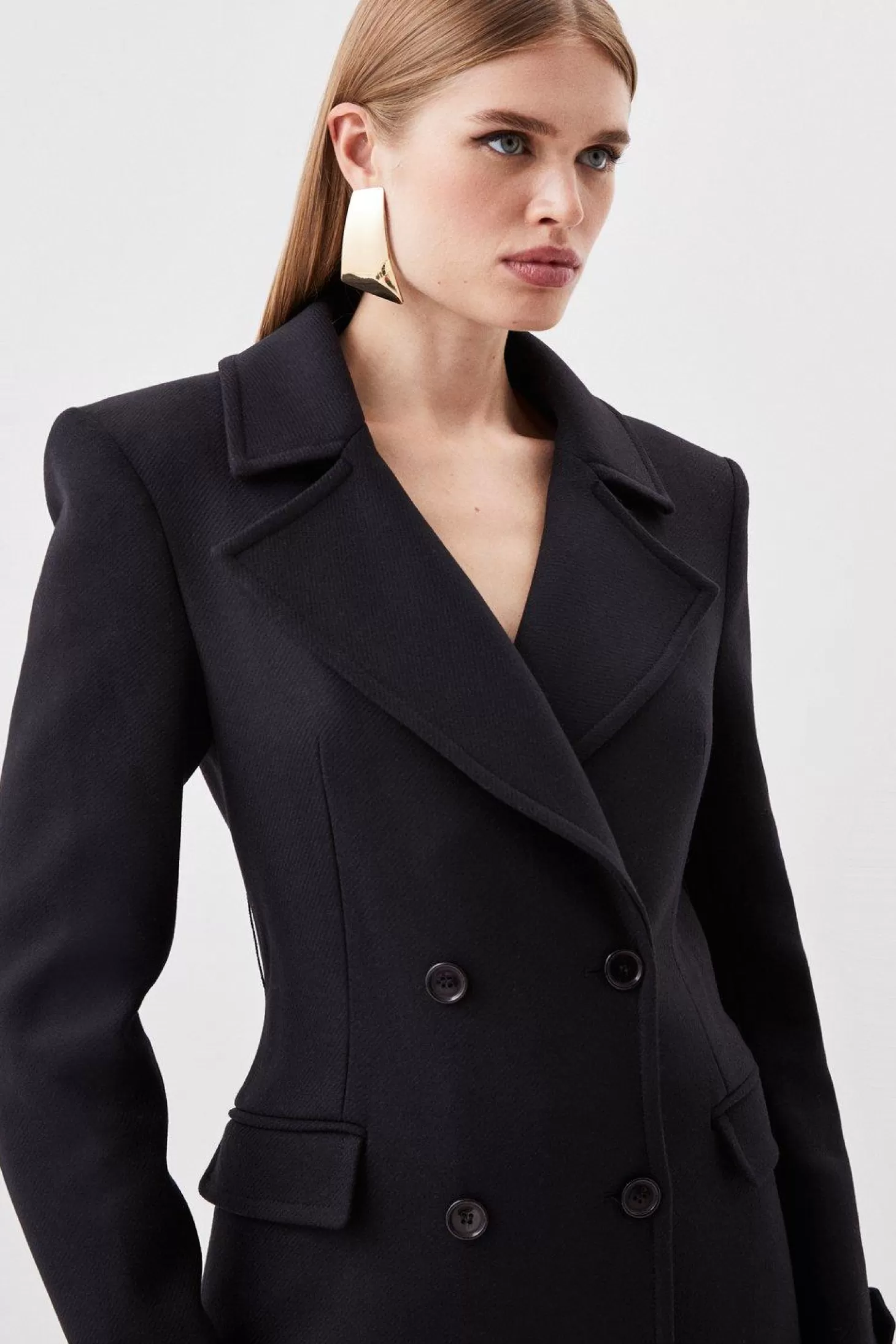 Karen Millen Italian Manteco Wool Double Breasted Tab Detail Belted Longline Coat