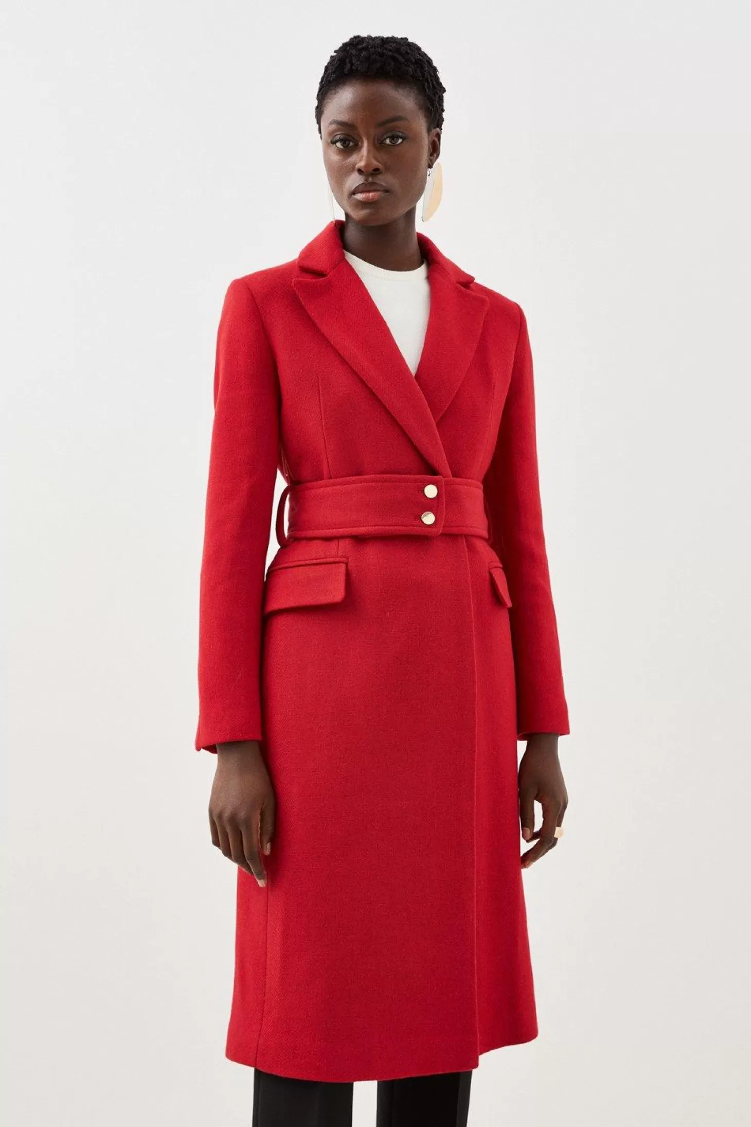 Karen Millen Italian Manteco Wool Mix Button Detail Belted Midi Coat