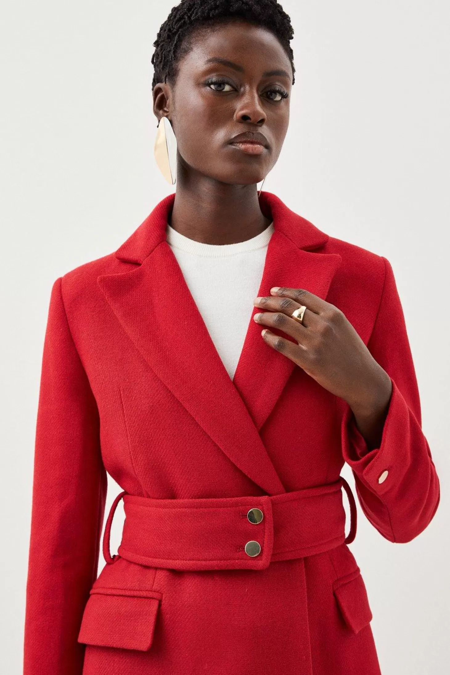 Karen Millen Italian Manteco Wool Mix Button Detail Belted Midi Coat