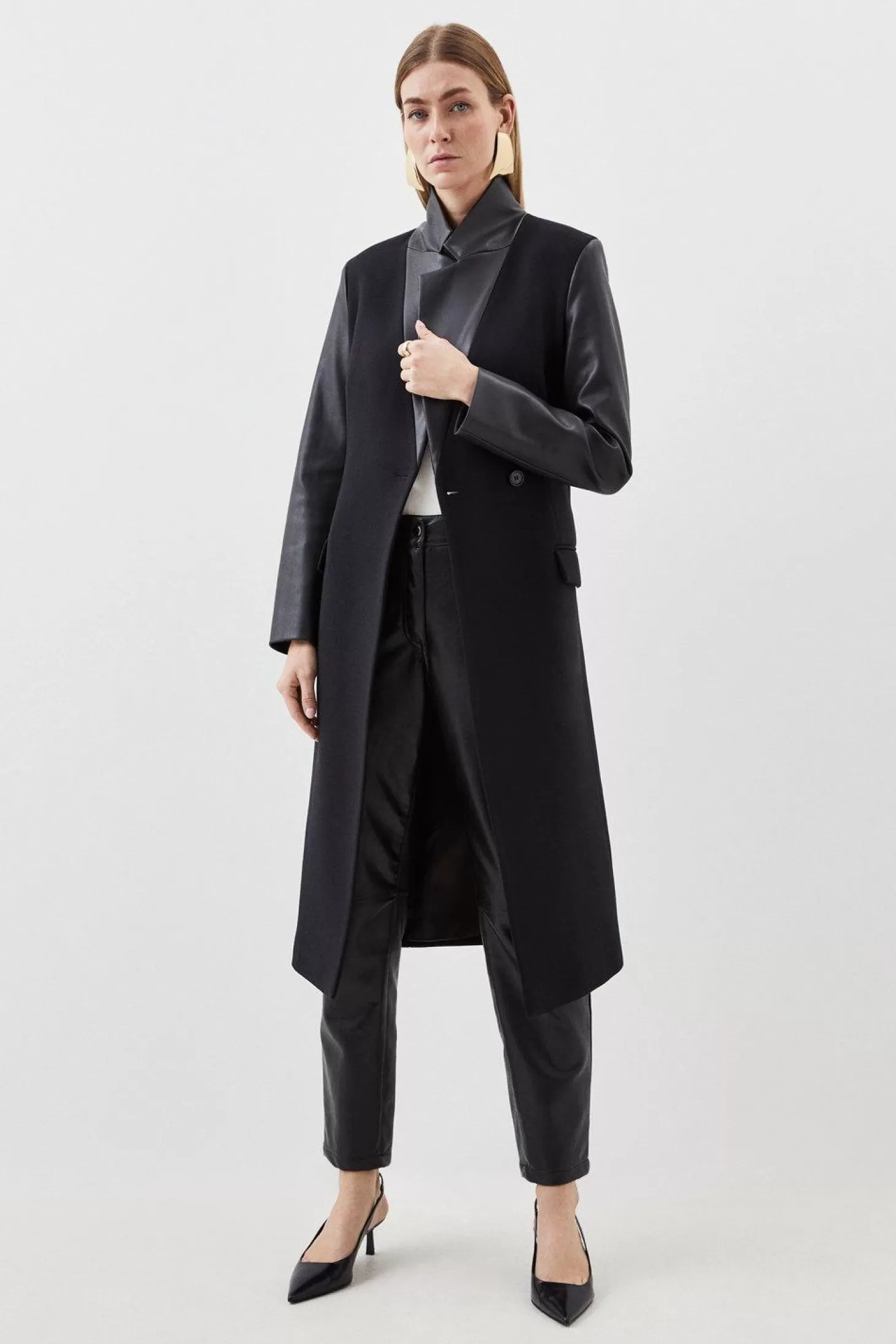 Karen Millen Italian Manteco Wool Pu Contrast Detail Belted Coat