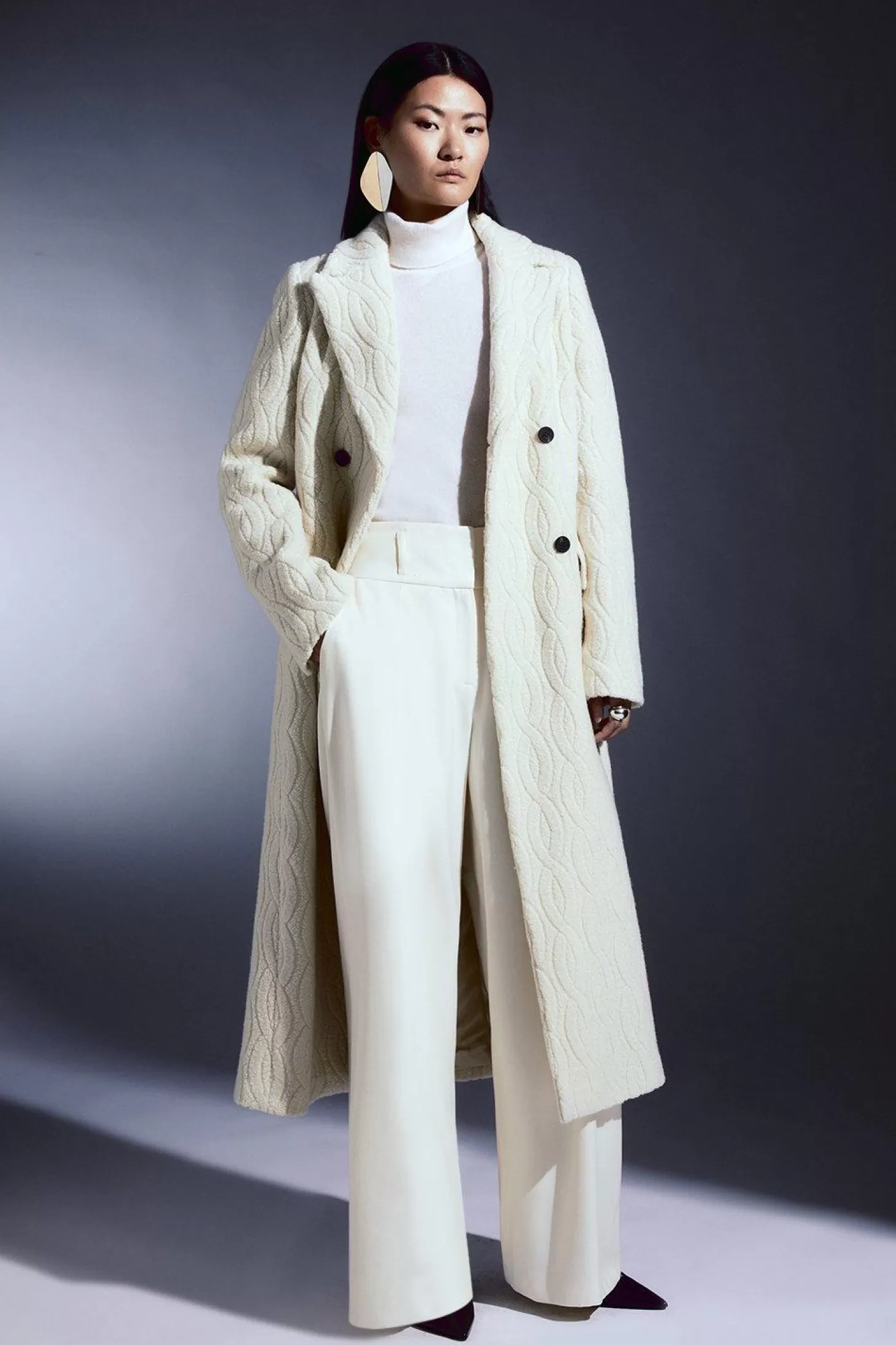 Karen Millen Italian Manteco Wool Relaxed Cable Double Breasted Midi Coat