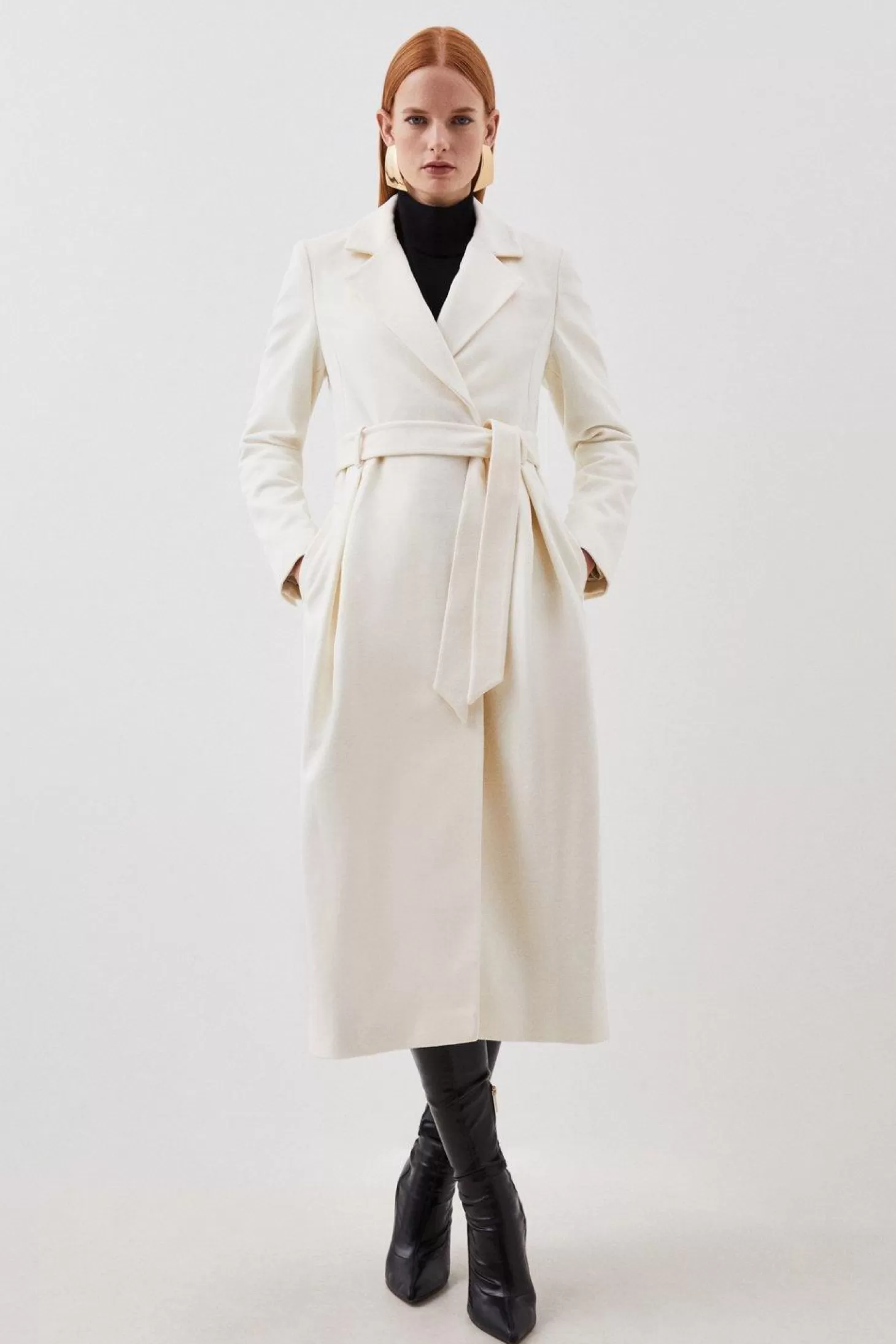 Karen Millen Italian Manteco Wool Wide Belted Pleat Detail Midi Coat