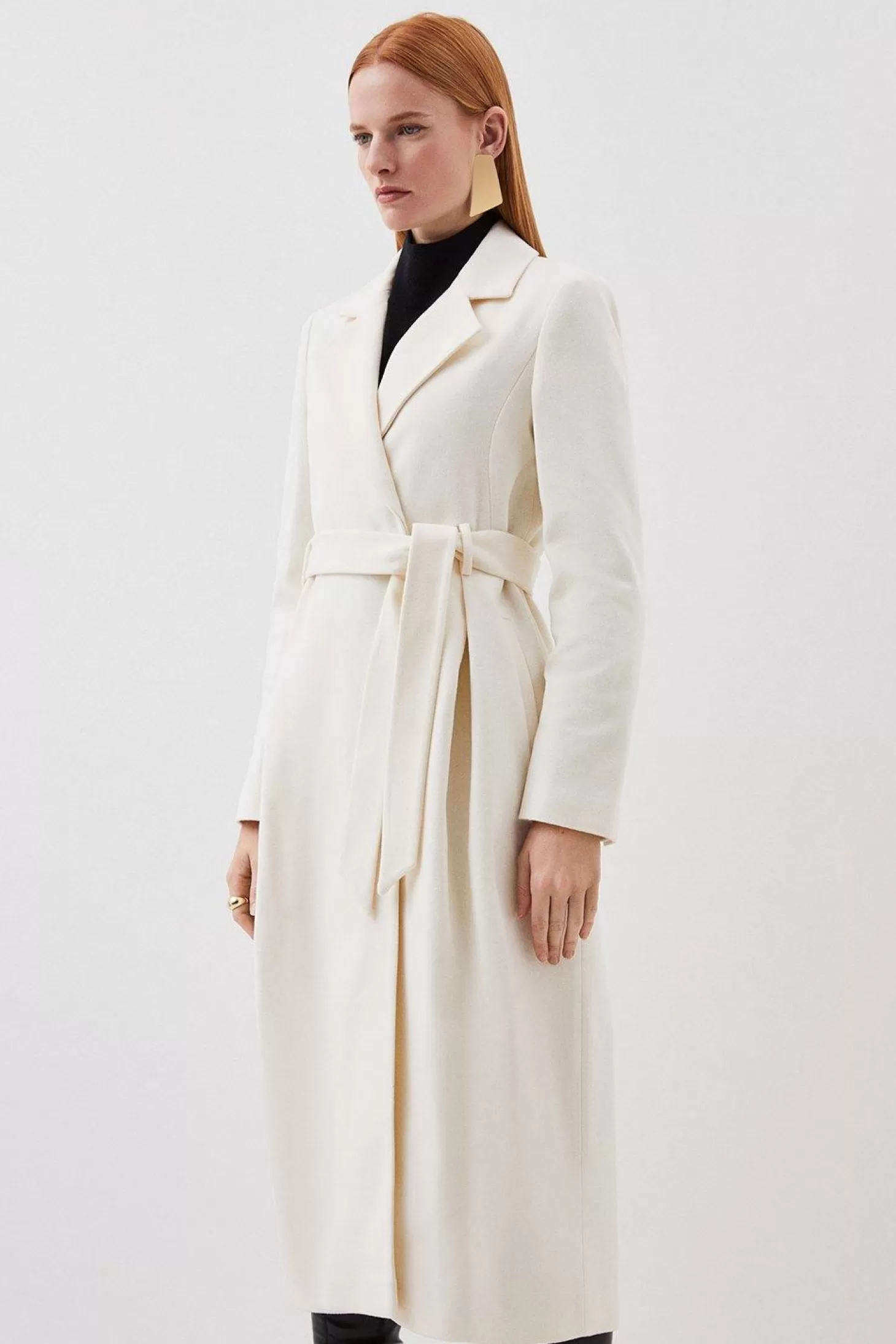 Karen Millen Italian Manteco Wool Wide Belted Pleat Detail Midi Coat