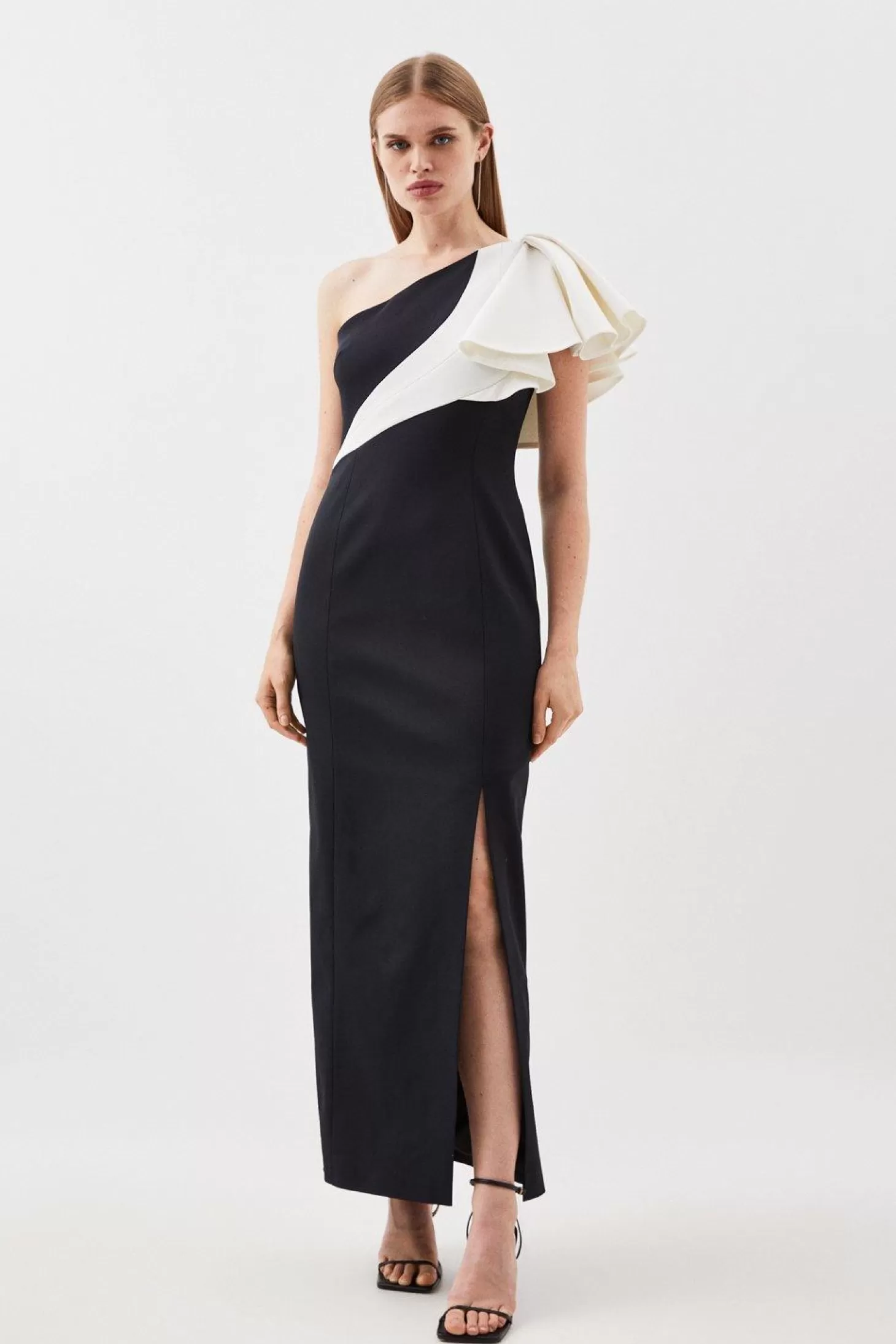 Karen Millen Italian Structured Rib & Satin Ruffle One Shoulder Dress