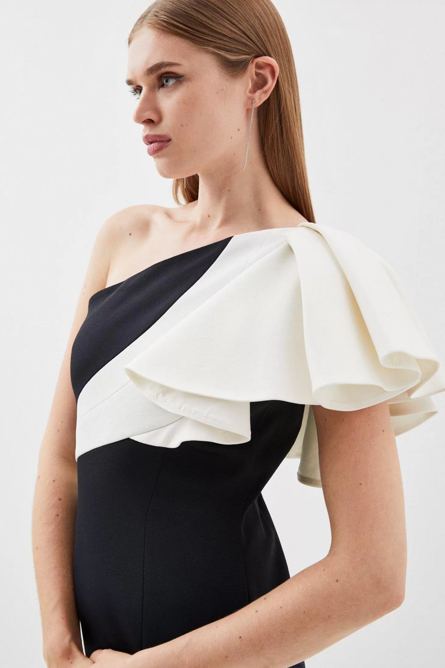 Karen Millen Italian Structured Rib & Satin Ruffle One Shoulder Dress