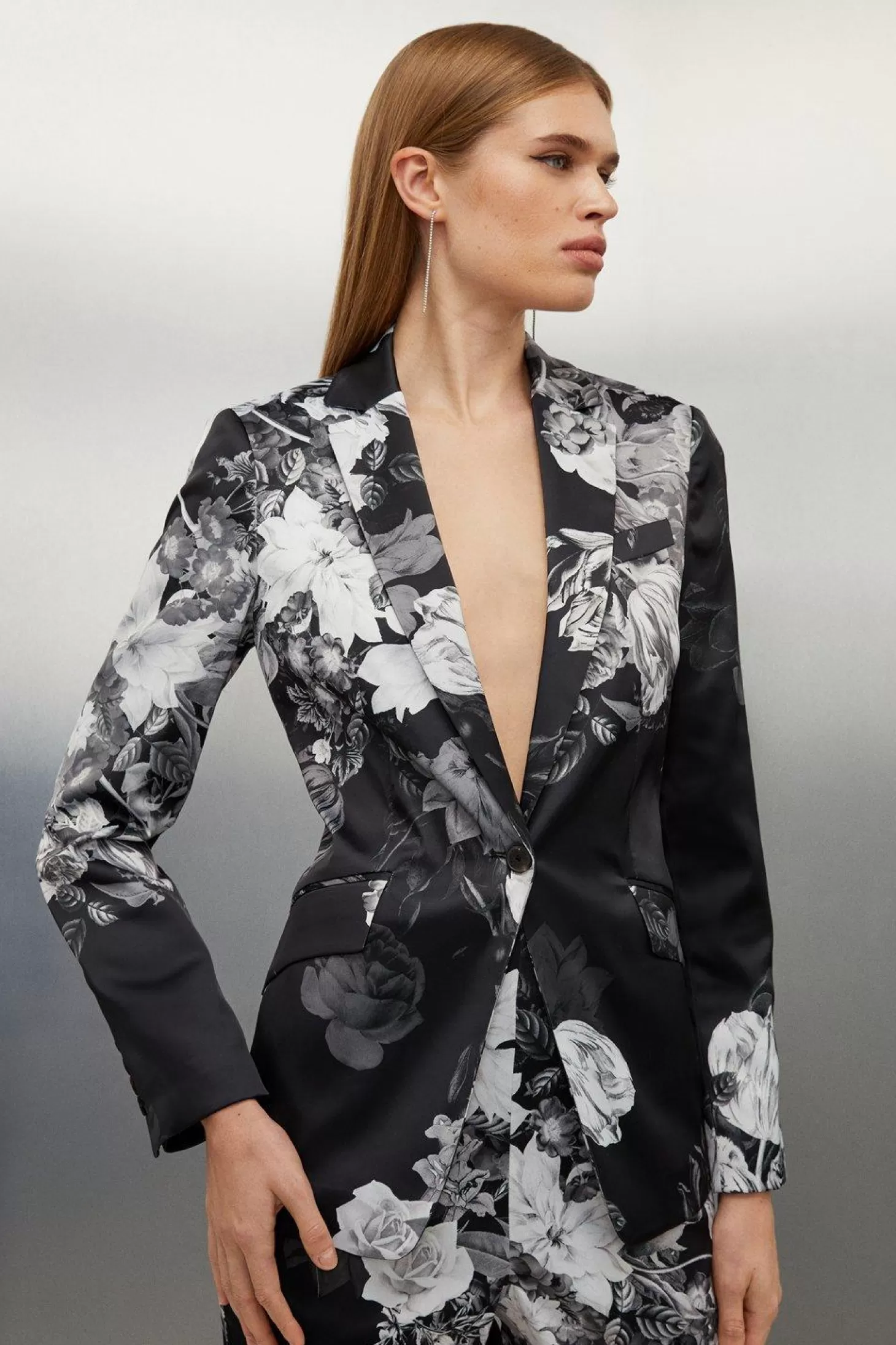 Karen Millen Italian Structured Satin Floral Bloom Printed Blazer