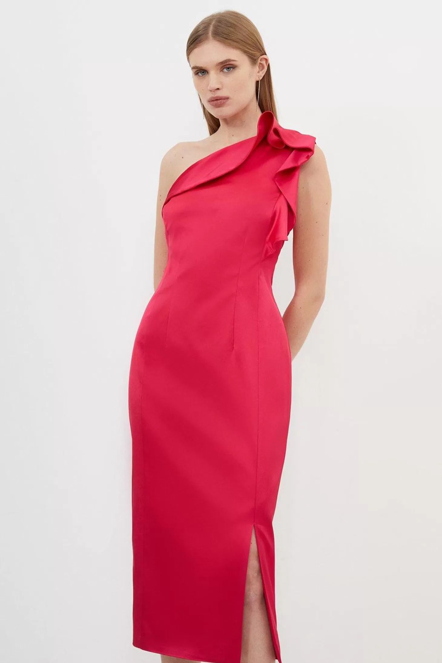 Karen Millen Italian Structured Satin Ruffle Midi Dress