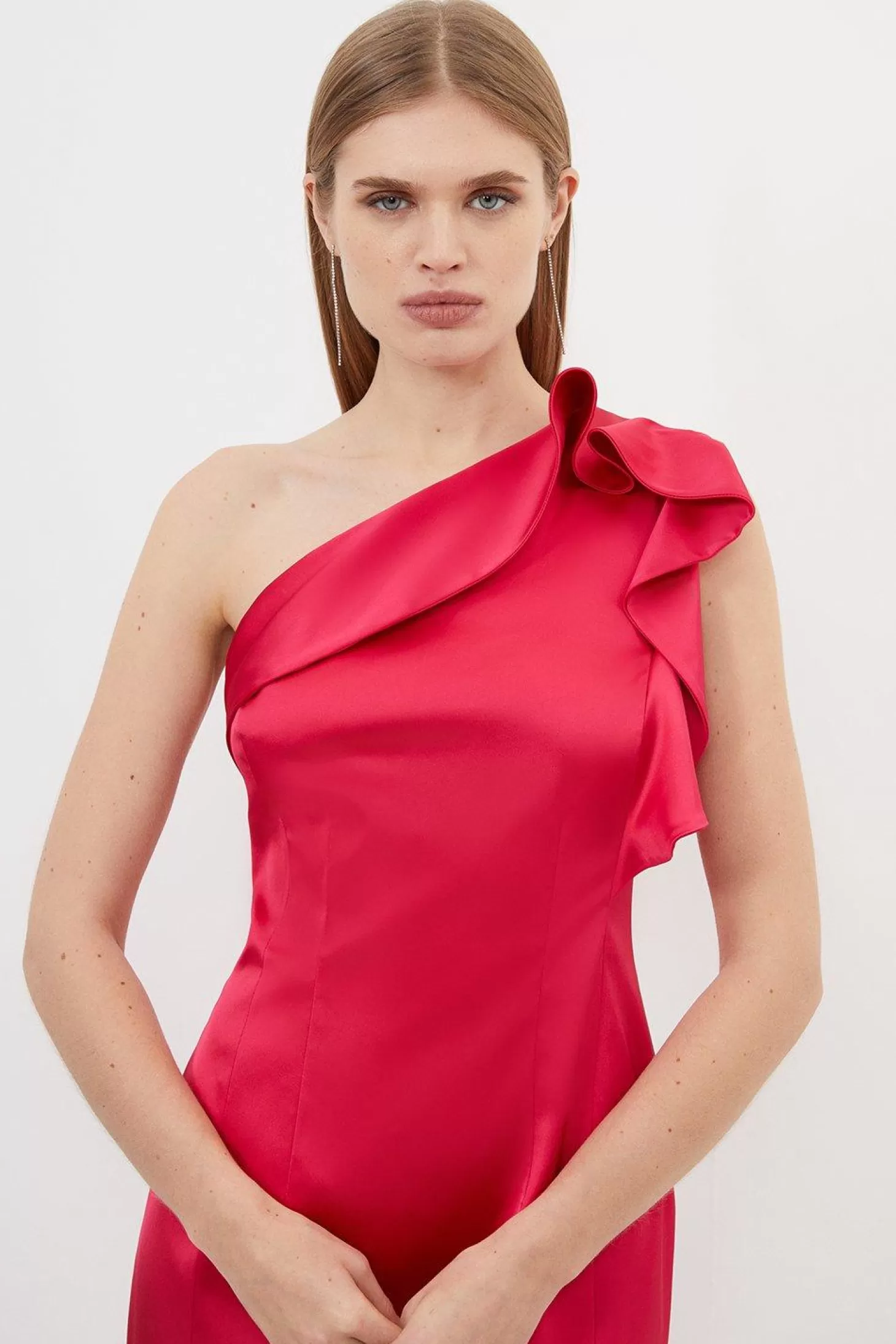 Karen Millen Italian Structured Satin Ruffle Midi Dress