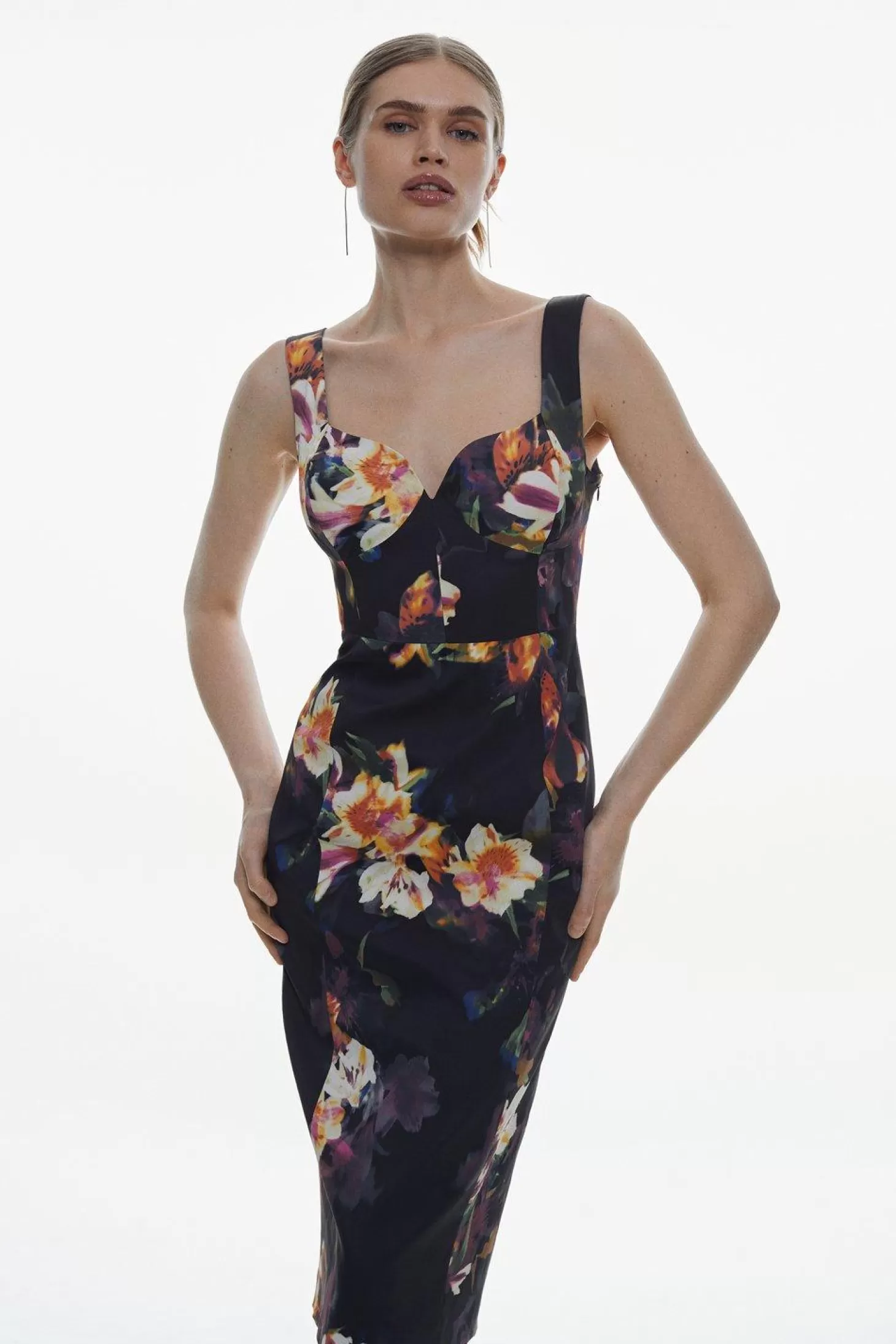 Karen Millen Italian Structured Stretch Photographic Orchid Corset Midi Dress