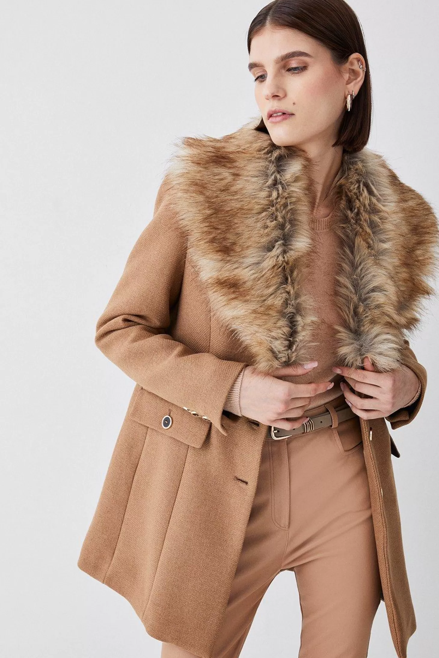 Karen Millen Italian Wool Mix Faux Fur Collar Short Coat