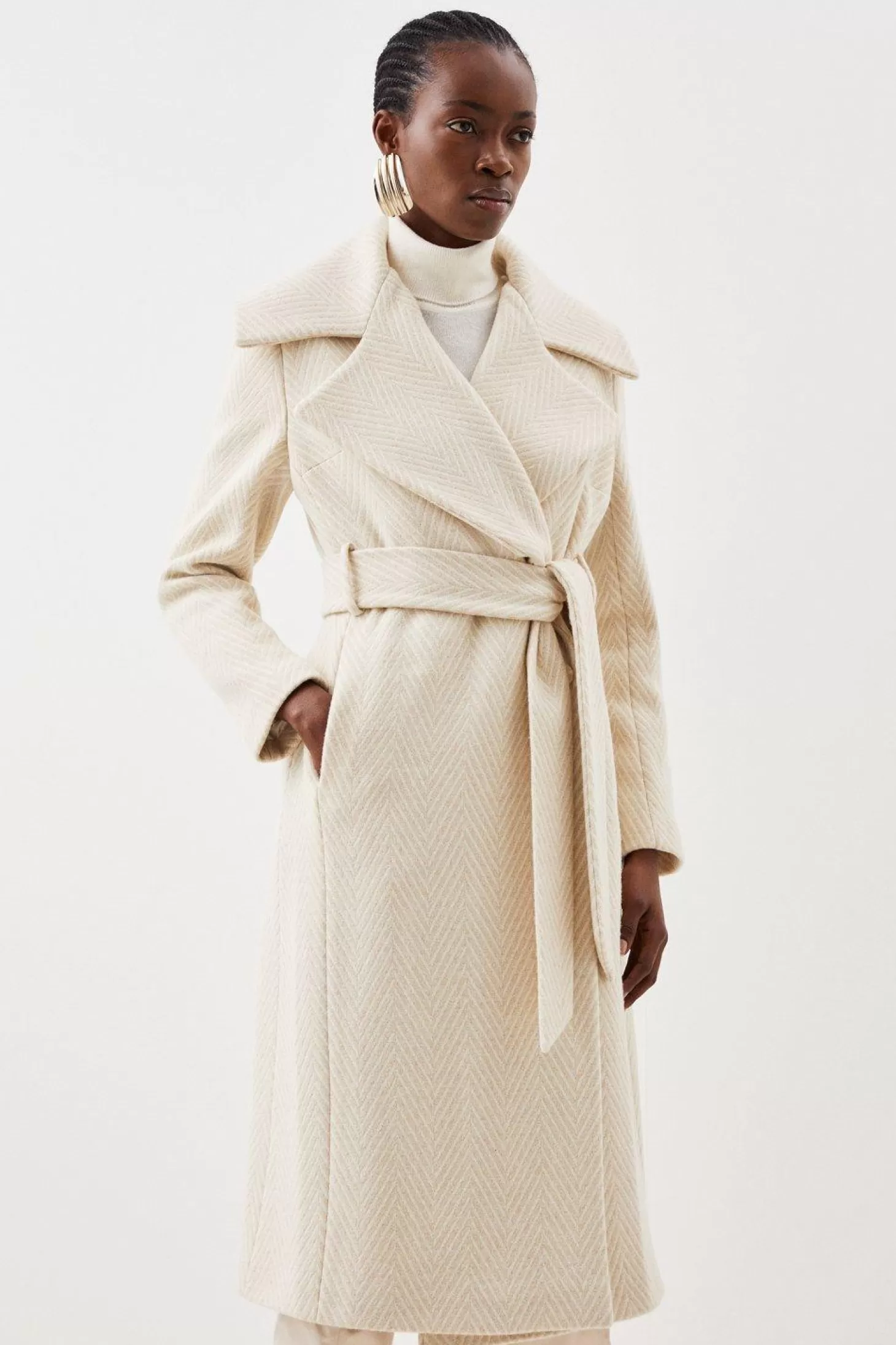 Karen Millen Italian Wool Oversized Cable Effect Wrap Belted Coat