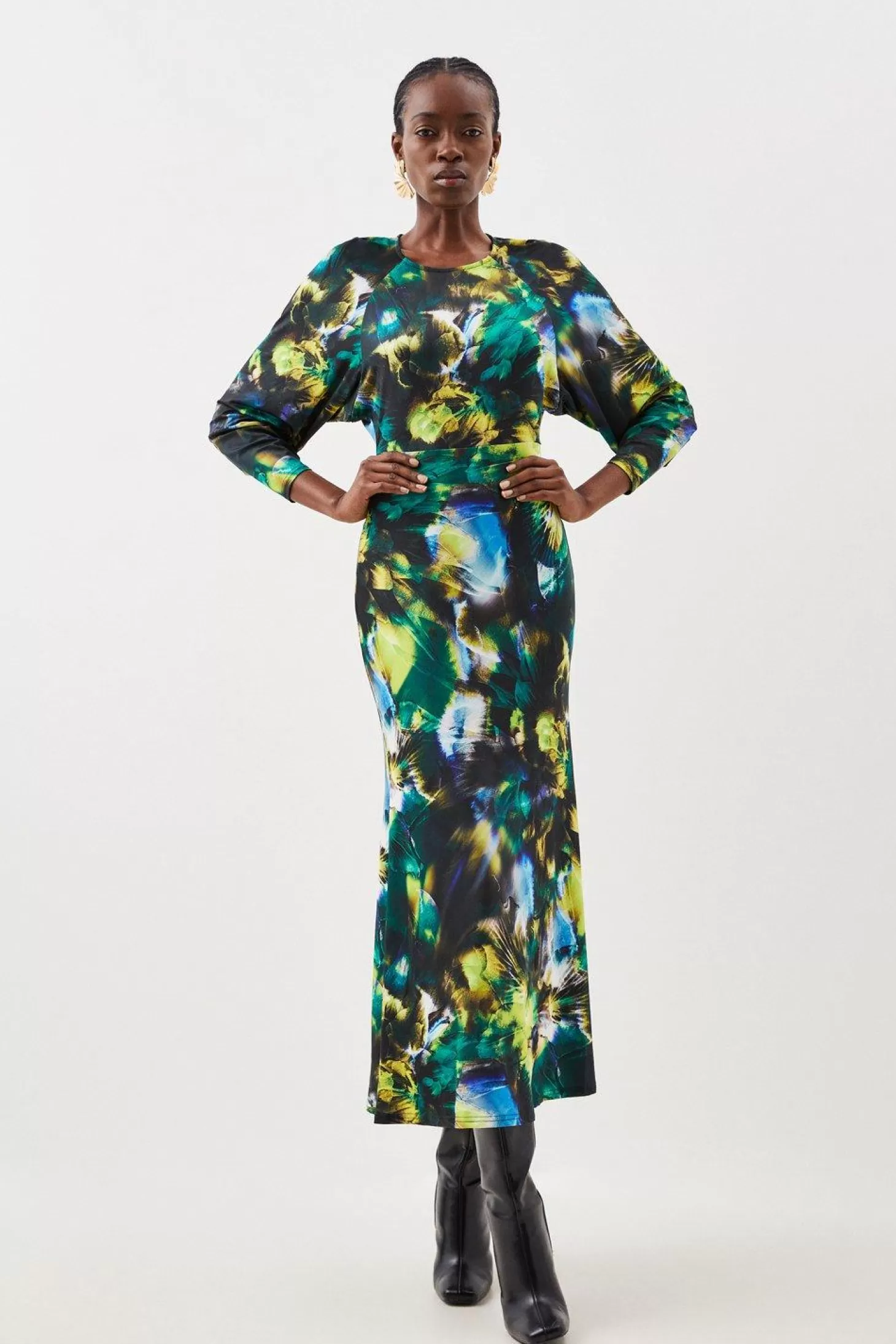 Karen Millen Jersey Abstract Floral Print Long Sleeve Midi Dress