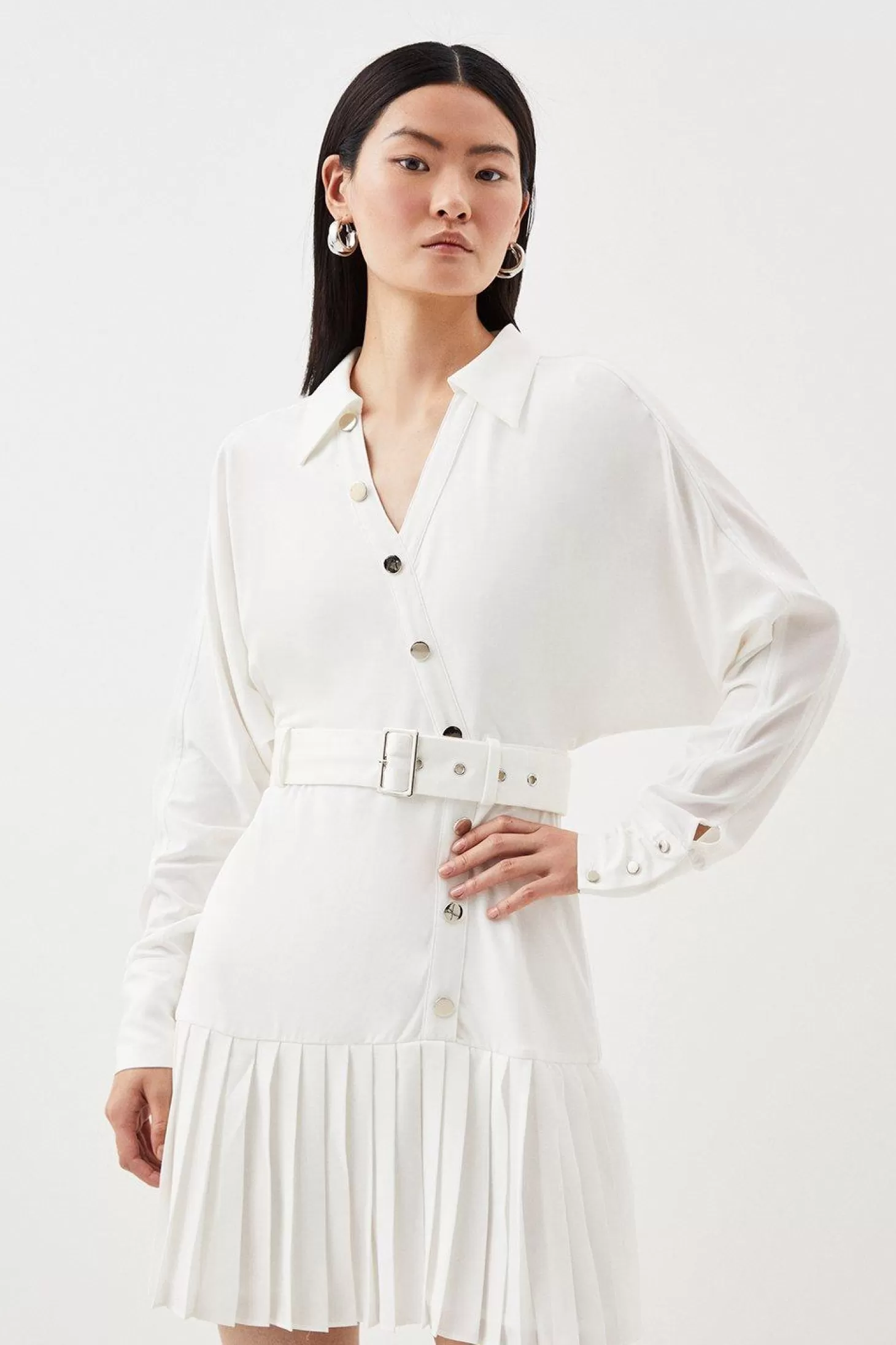 Karen Millen Jersey And Georgette Mix Belted Pleat Mini Dress