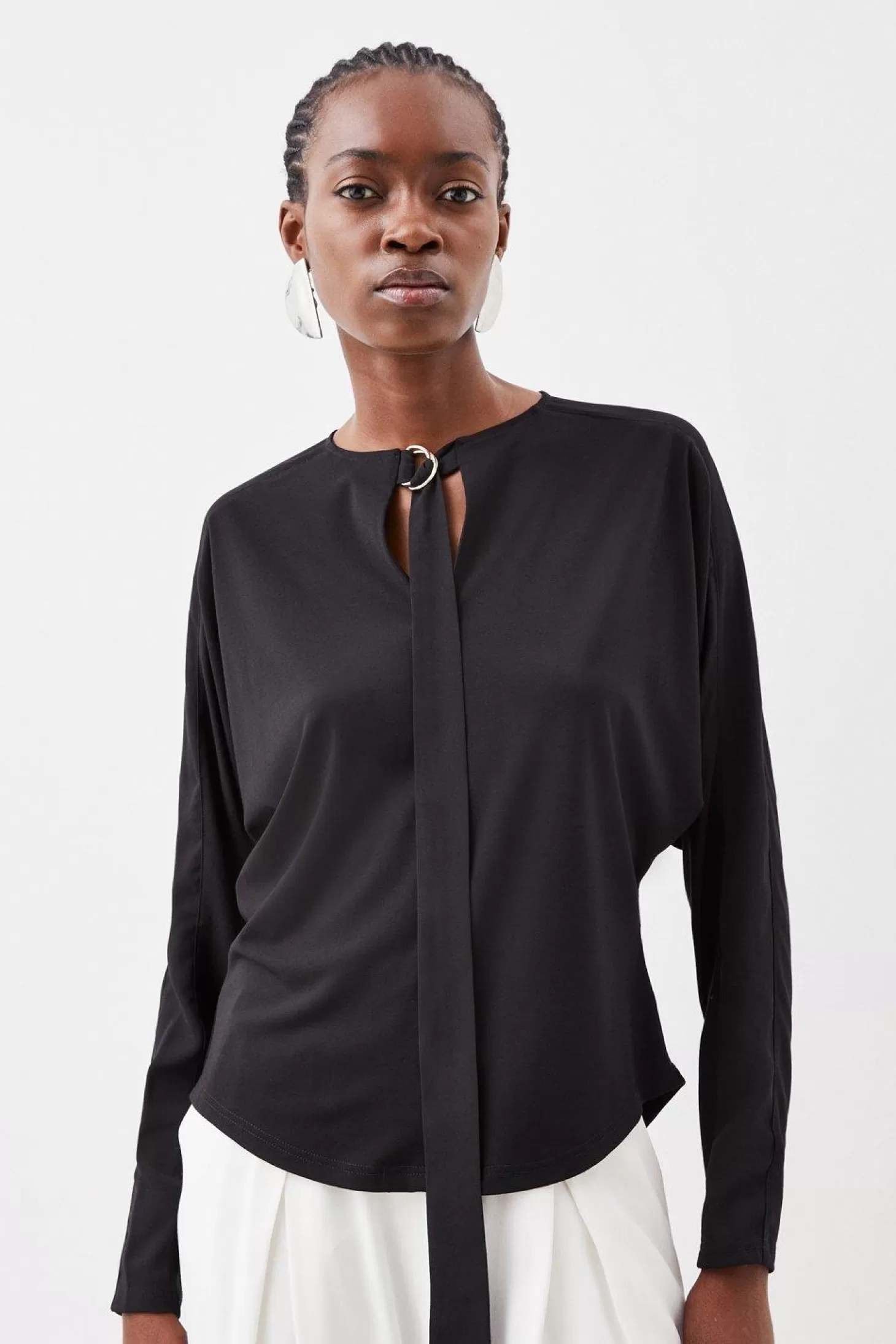 Karen Millen Jersey And Georgette Mix Keyhole Long Sleeve Top