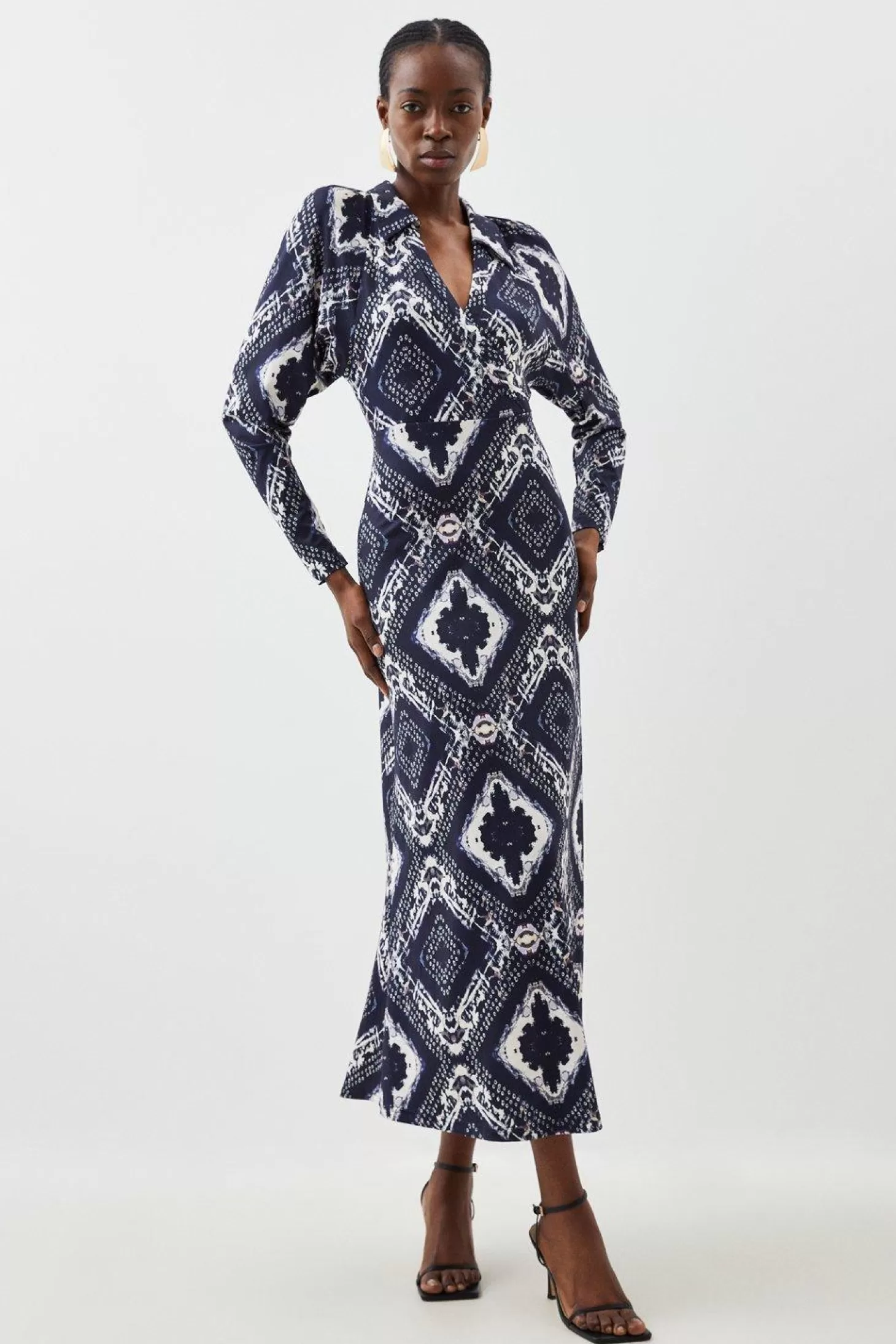 Karen Millen Jersey Boarder Print V Neck Midi Dress