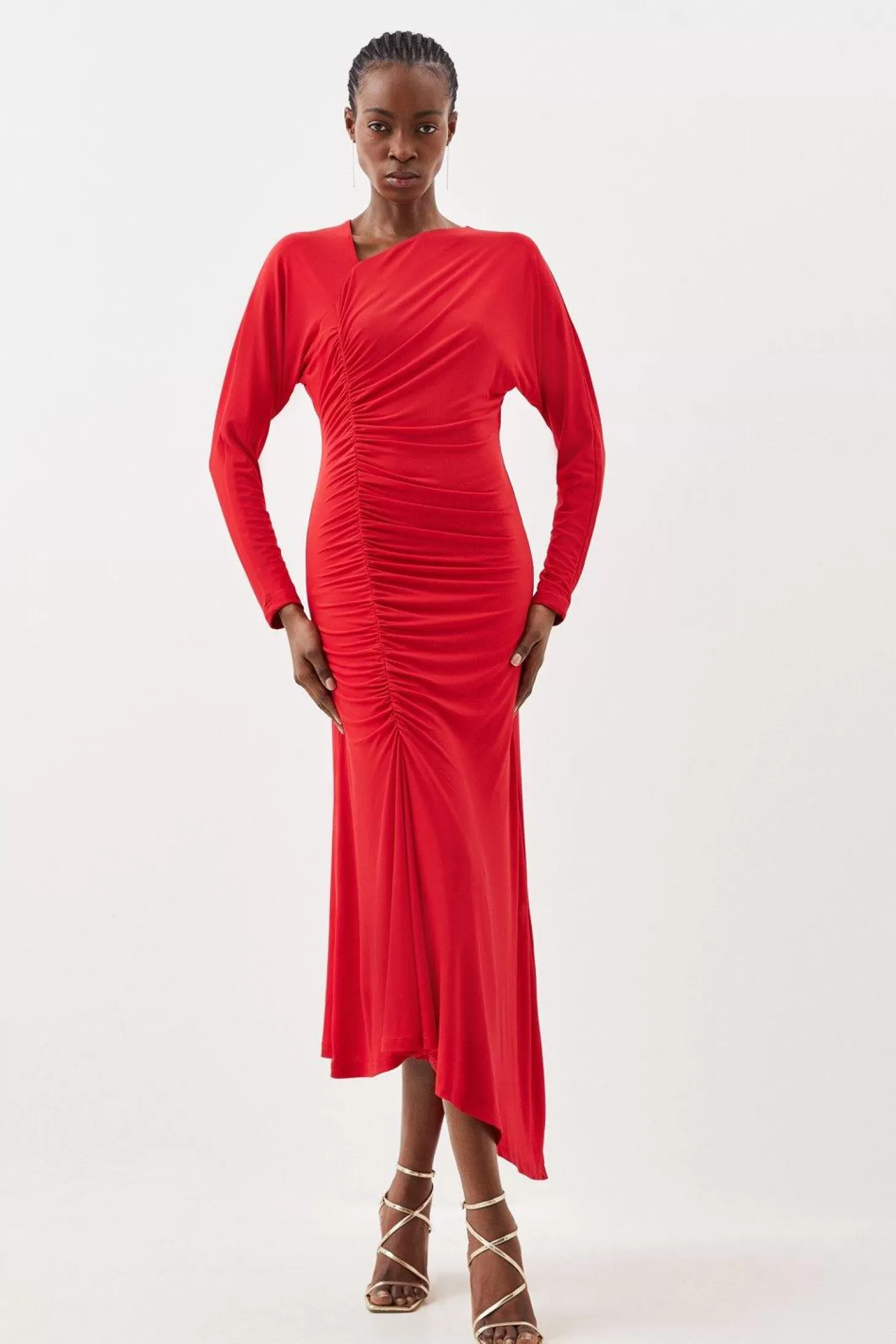 Karen Millen Jersey Crepe Ruched Long Sleeve Maxi Dress