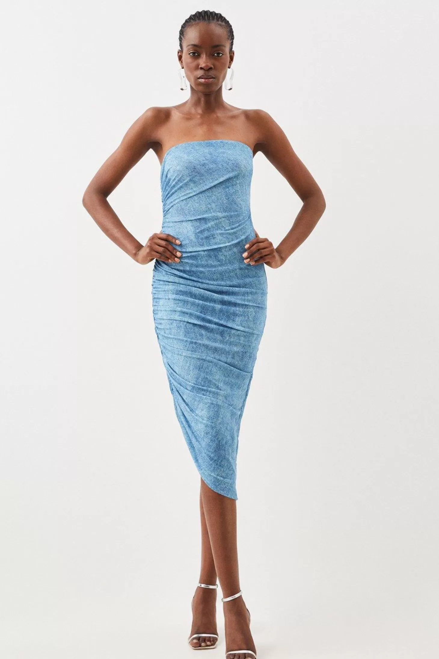 Karen Millen Jersey Denim Print Bandeau Midi Dress