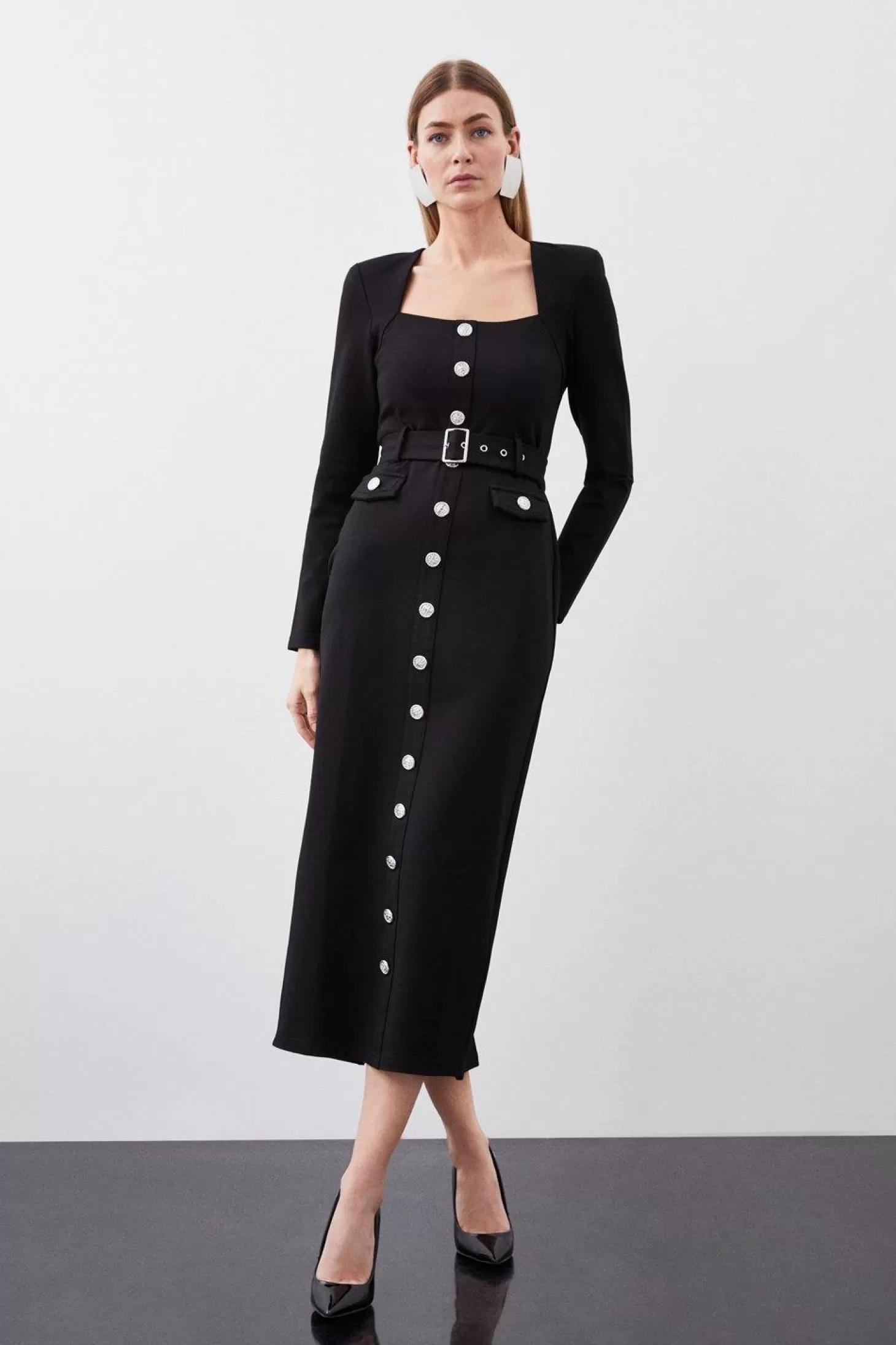 Karen Millen Jersey Ponte Diamante Back Hardwear Long Sleeve Maxi Dress