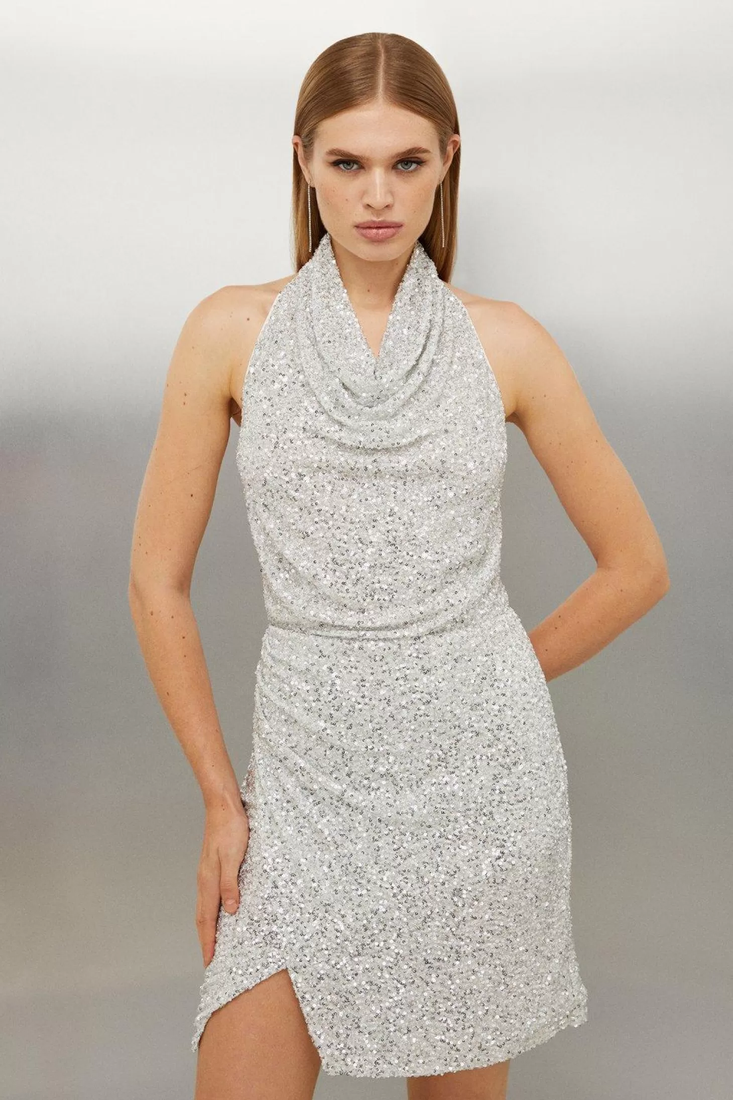 Karen Millen Jersey Sequin Cowl Neck Mini Dress