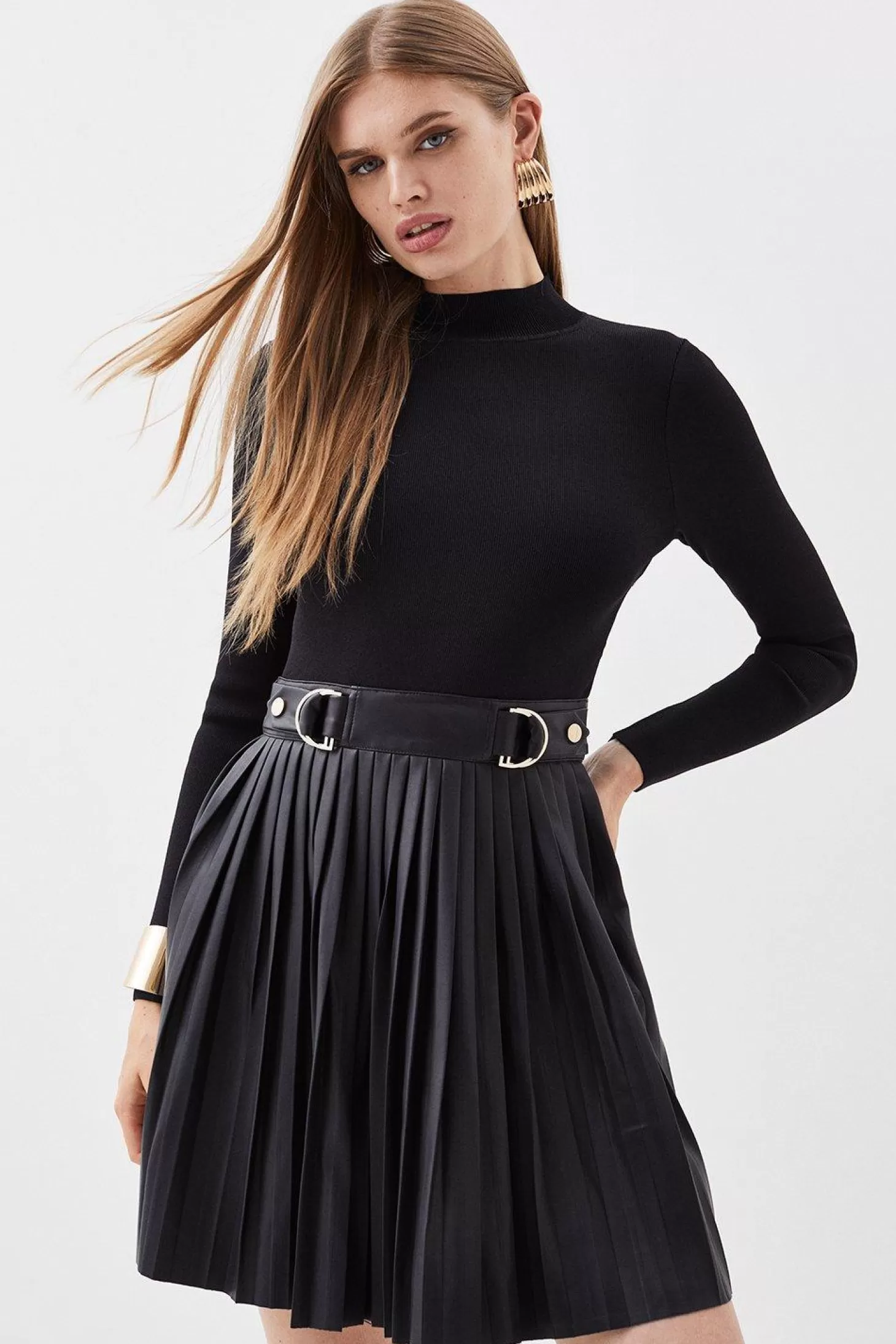 Karen Millen Knitted Skater Dress With Pu Detailing