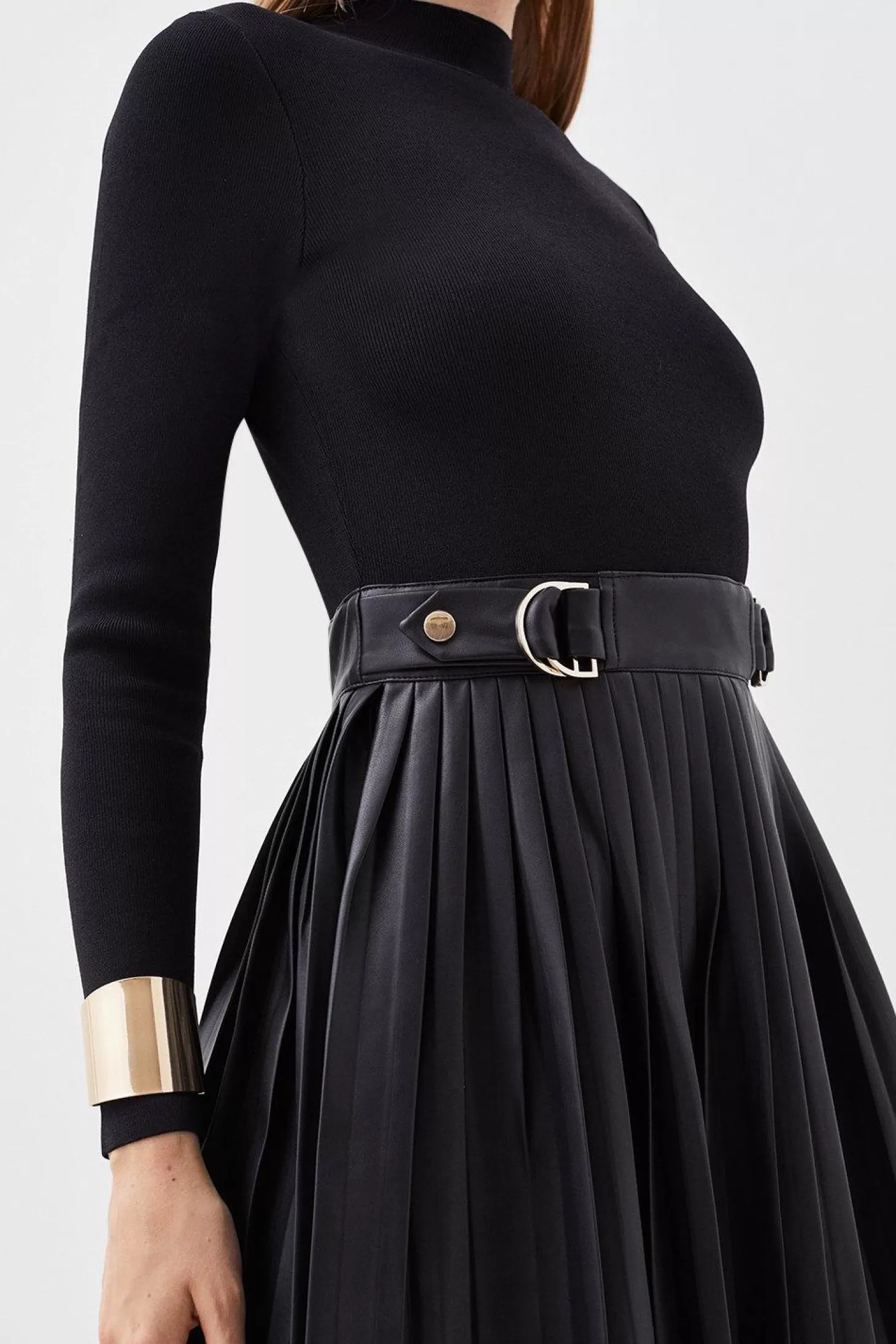 Karen Millen Knitted Skater Dress With Pu Detailing